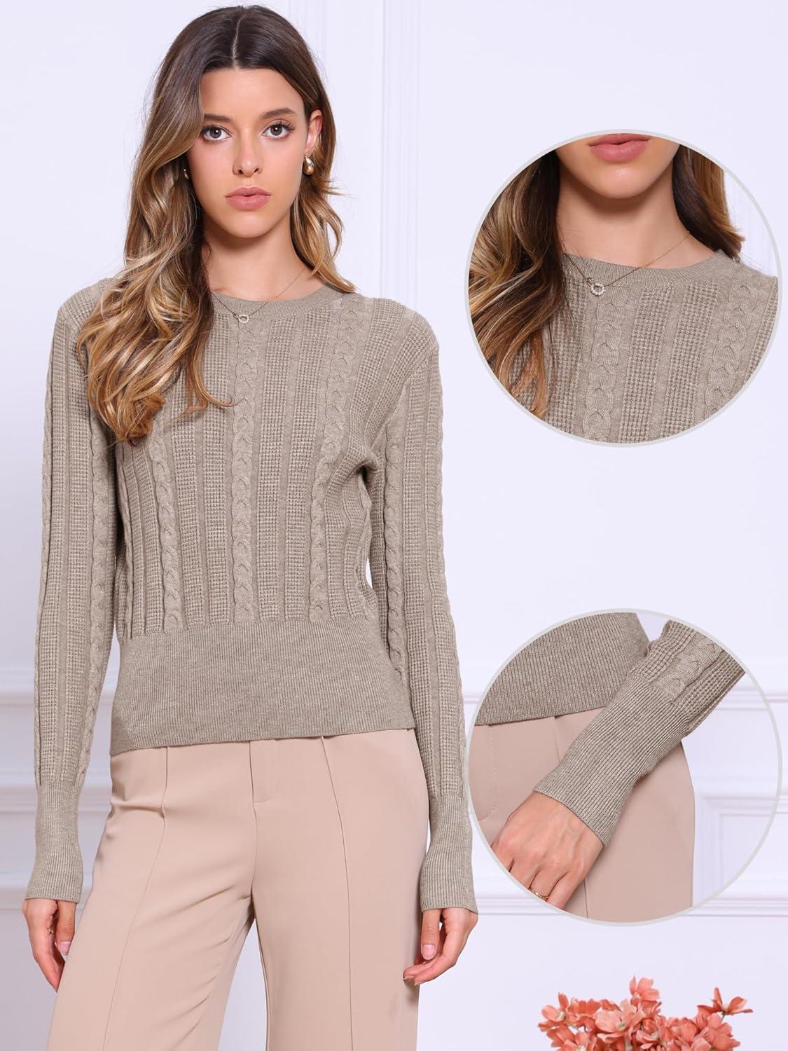 imageAllegra K Cable Knit Sweater for Womens Long Sleeve Tops Crew Neck Pullover Tops Casual Fall OutfitsBeige