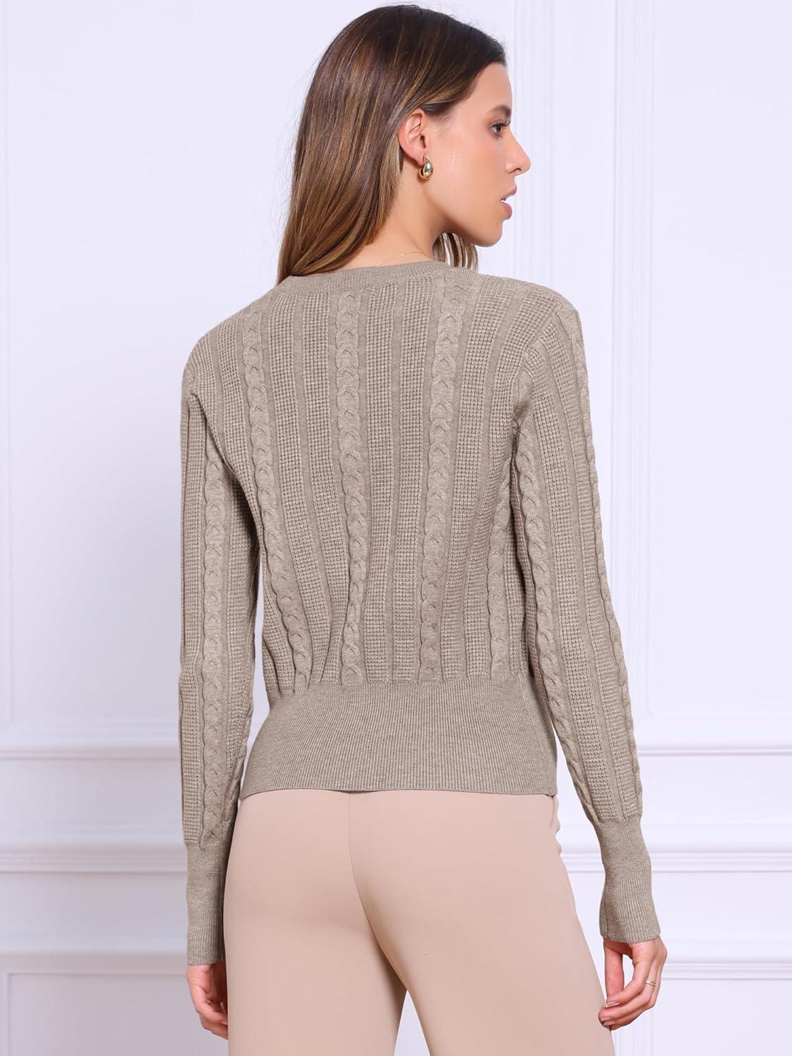 imageAllegra K Cable Knit Sweater for Womens Long Sleeve Tops Crew Neck Pullover Tops Casual Fall OutfitsBeige
