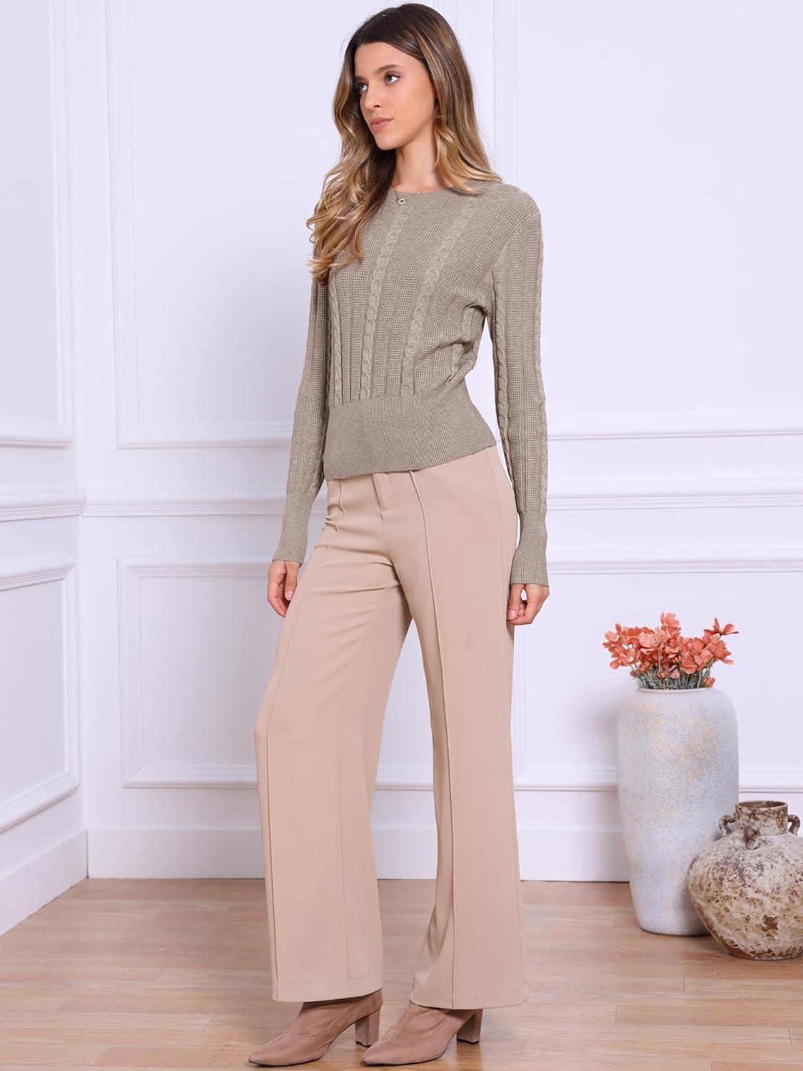 imageAllegra K Cable Knit Sweater for Womens Long Sleeve Tops Crew Neck Pullover Tops Casual Fall OutfitsBeige