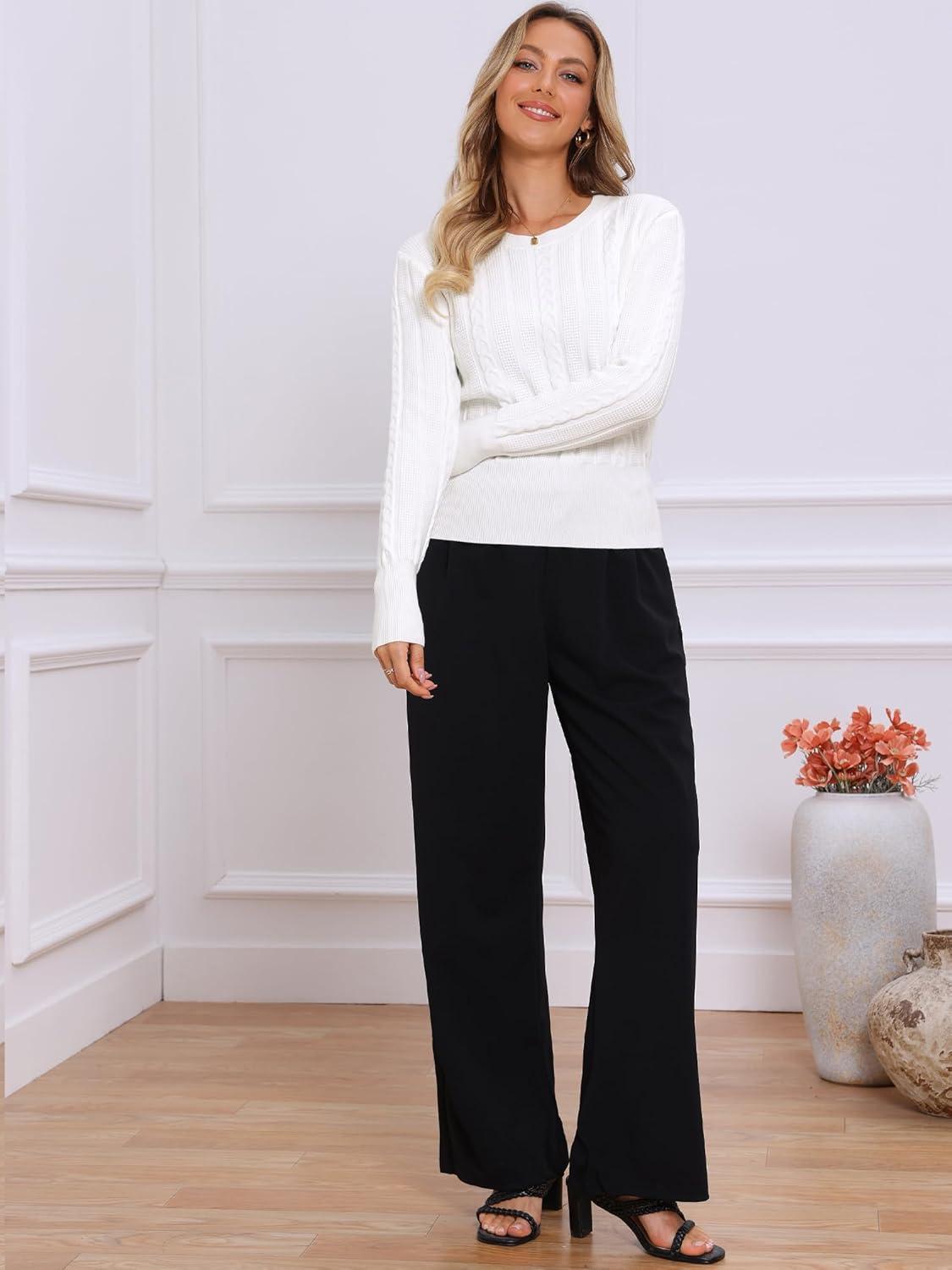 imageAllegra K Cable Knit Sweater for Womens Long Sleeve Tops Crew Neck Pullover Tops Casual Fall OutfitsWhite