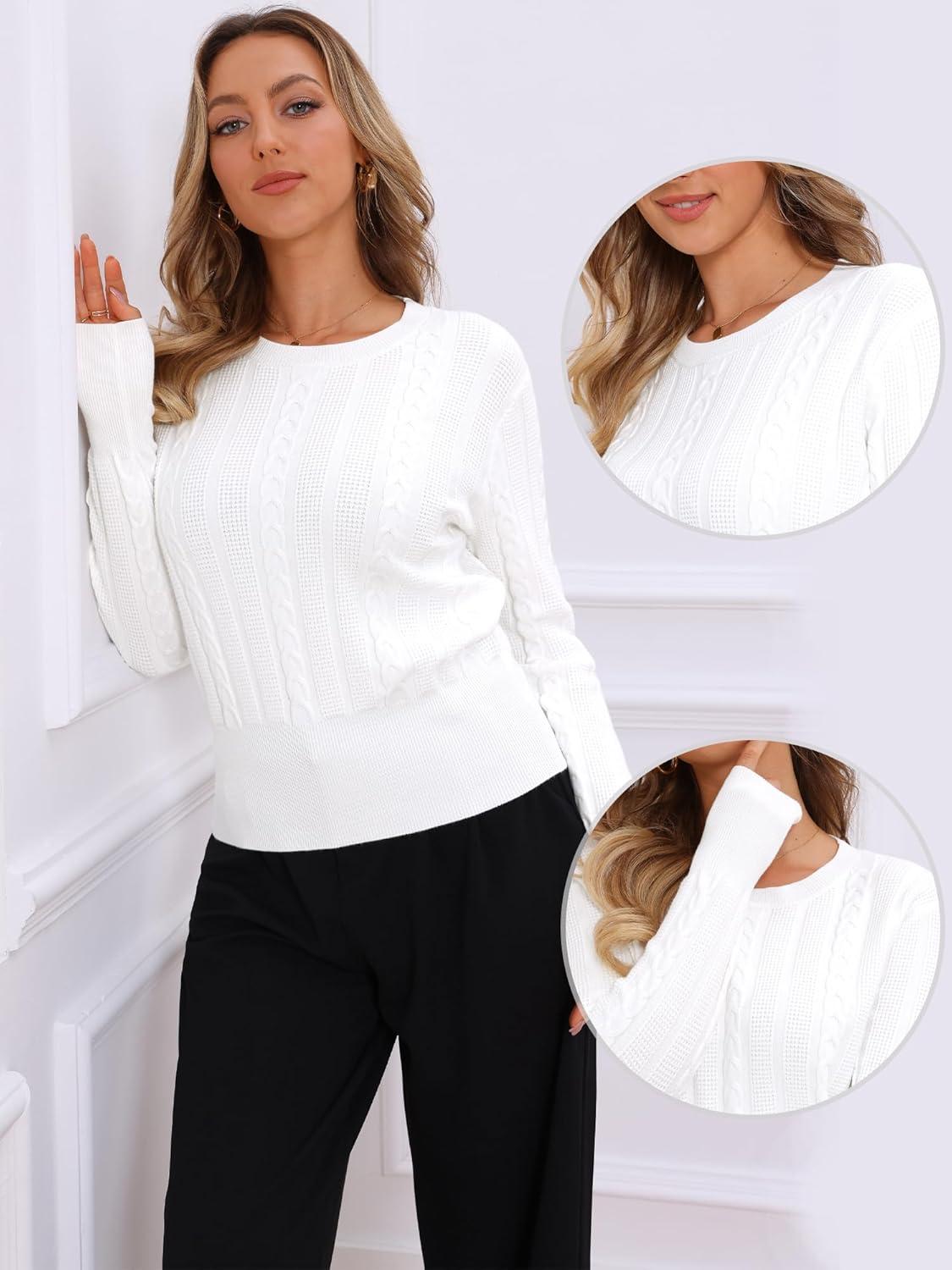 imageAllegra K Cable Knit Sweater for Womens Long Sleeve Tops Crew Neck Pullover Tops Casual Fall OutfitsWhite