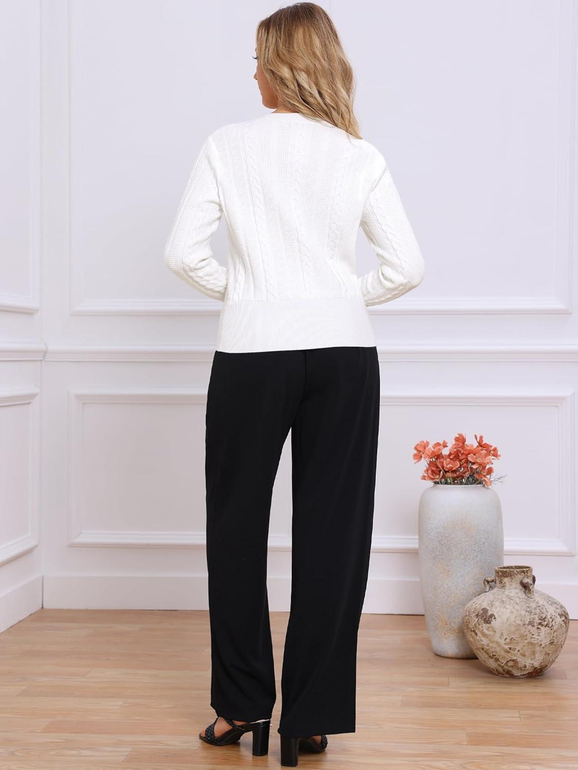 imageAllegra K Cable Knit Sweater for Womens Long Sleeve Tops Crew Neck Pullover Tops Casual Fall OutfitsWhite