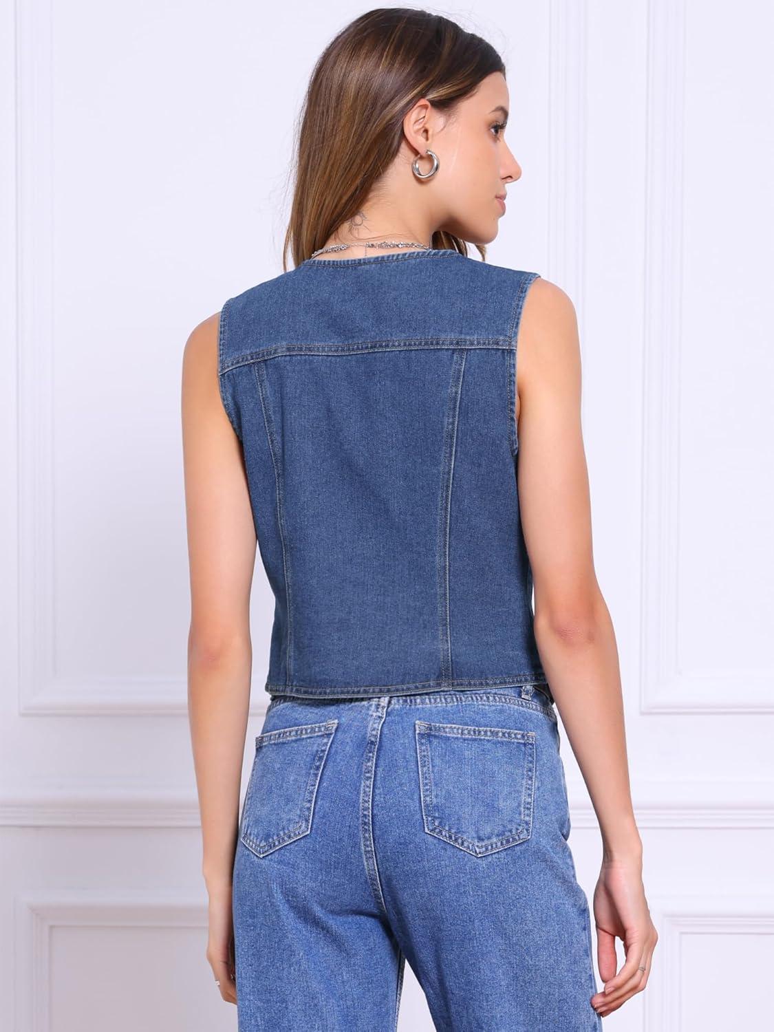 imageAllegra K Collarless Denim Vest for Womens Button Down V Neck Western Waistcoat Sleeveless Jean JacketDark Blue