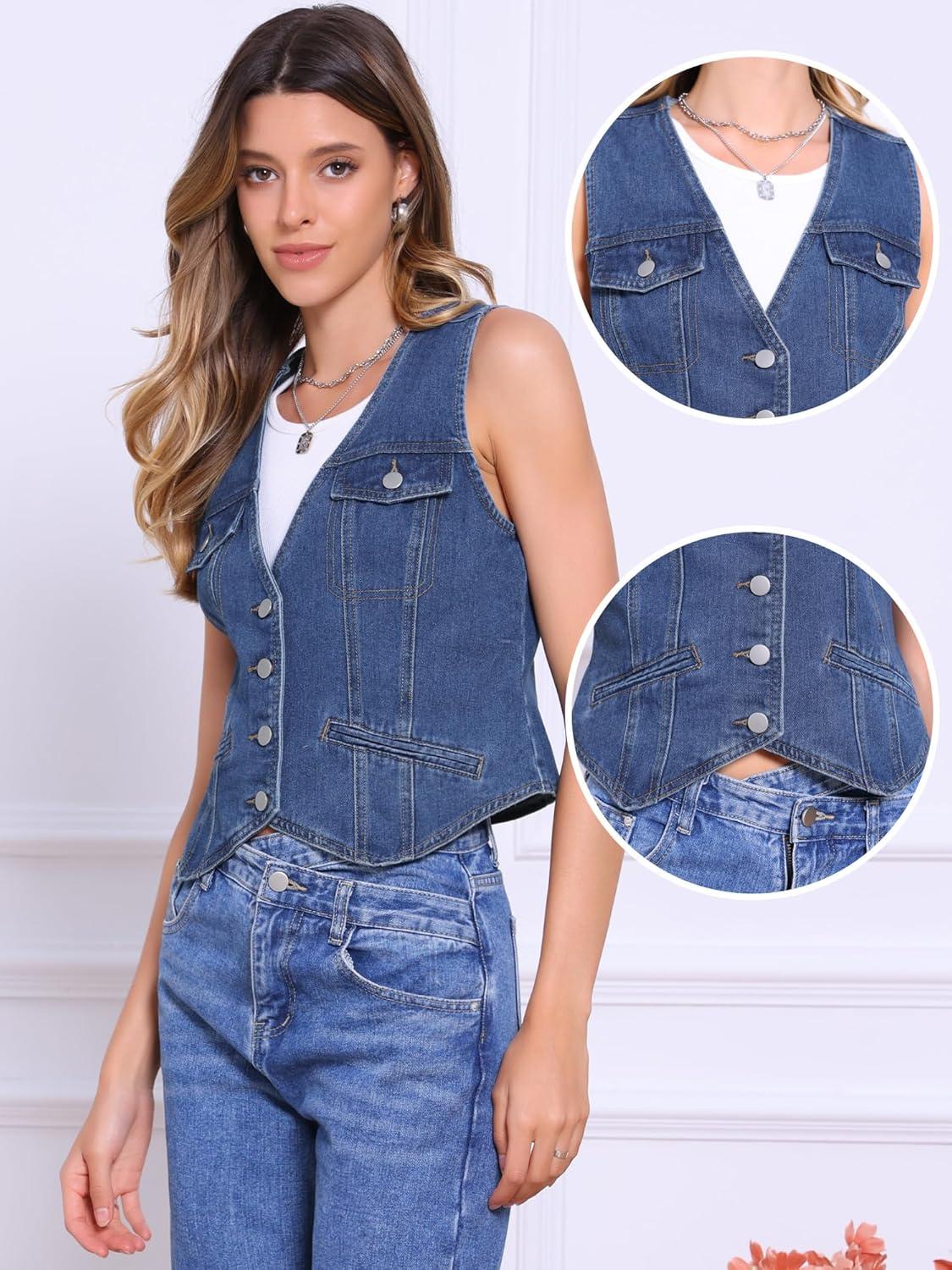 imageAllegra K Collarless Denim Vest for Womens Button Down V Neck Western Waistcoat Sleeveless Jean JacketDark Blue
