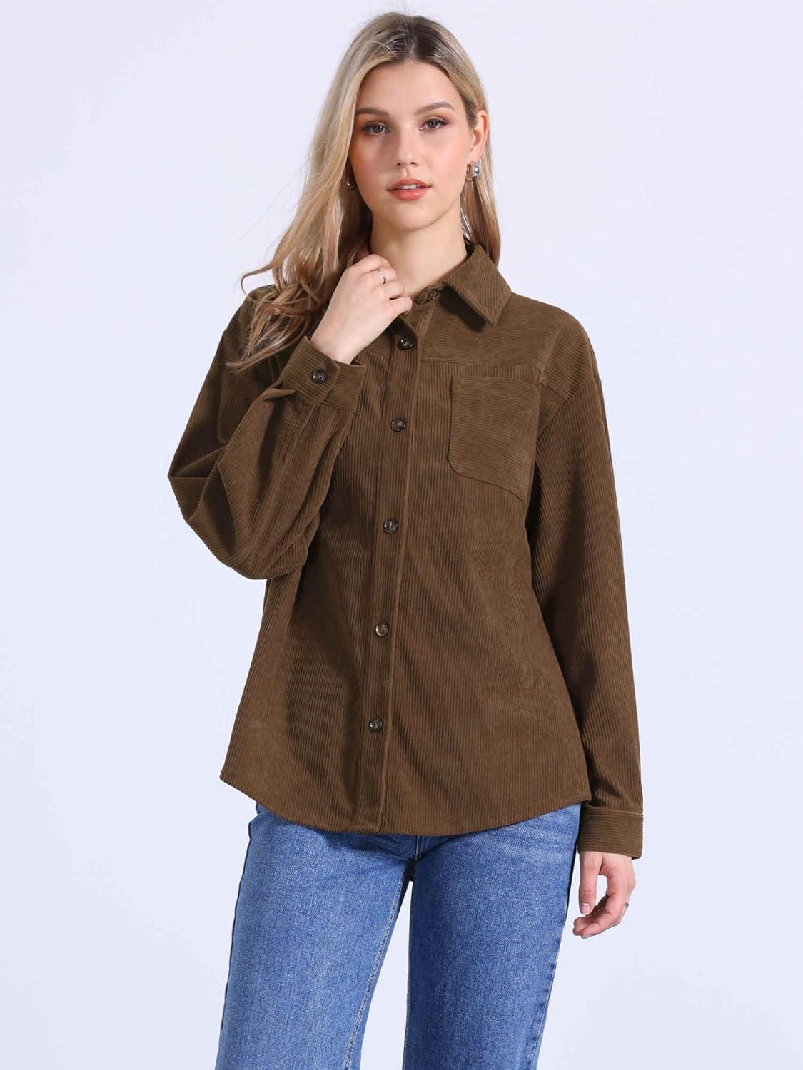 imageAllegra K Corduroy Shirts for Womens Oversized Button Down Autumn and Winter Casual JacketsBrown