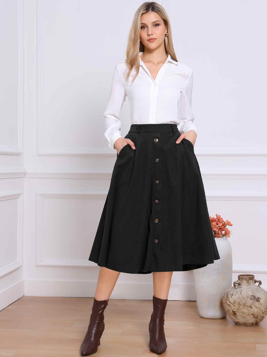 imageAllegra K Corduroy Skirt for Women Button Front High Waist Vintage Stretch ALine Flared Casual Midi Skirts with PocketsBlack