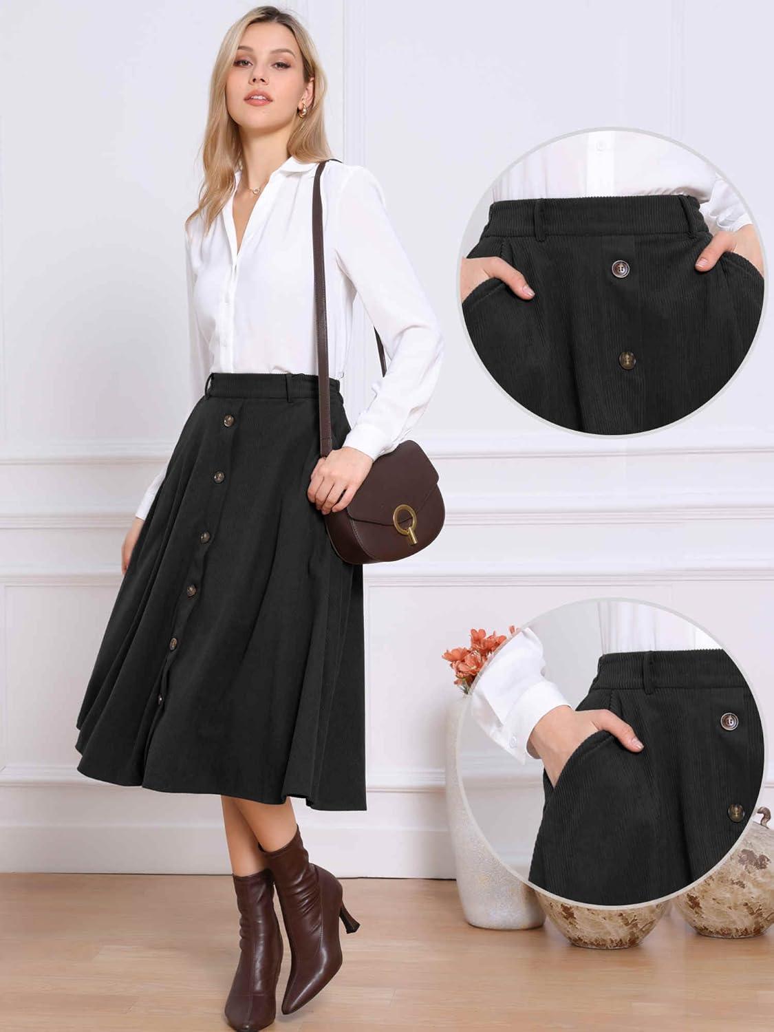 imageAllegra K Corduroy Skirt for Women Button Front High Waist Vintage Stretch ALine Flared Casual Midi Skirts with PocketsBlack