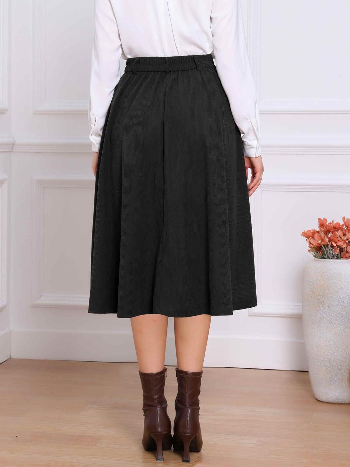 imageAllegra K Corduroy Skirt for Women Button Front High Waist Vintage Stretch ALine Flared Casual Midi Skirts with PocketsBlack