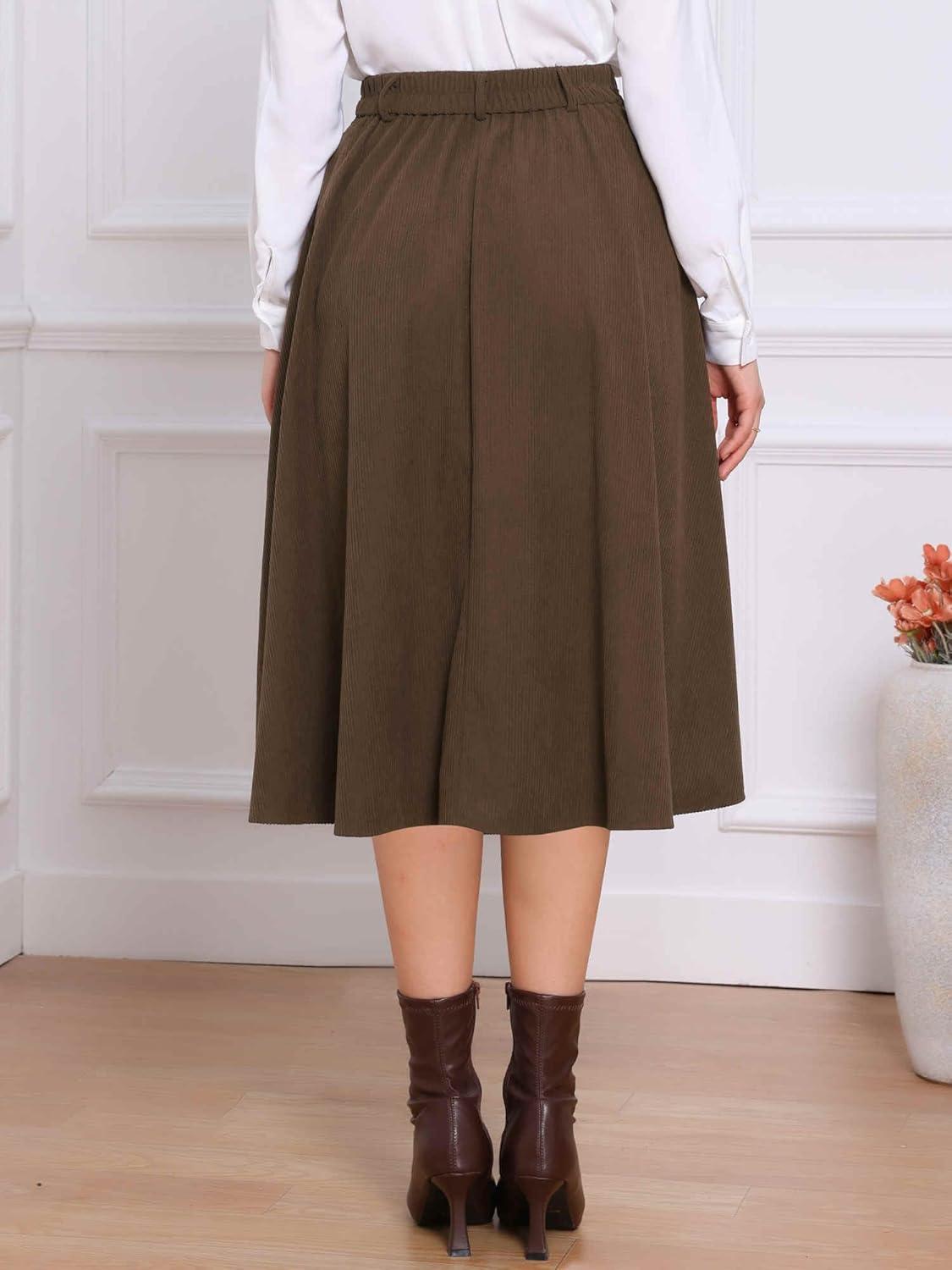 imageAllegra K Corduroy Skirt for Women Button Front High Waist Vintage Stretch ALine Flared Casual Midi Skirts with PocketsBrown