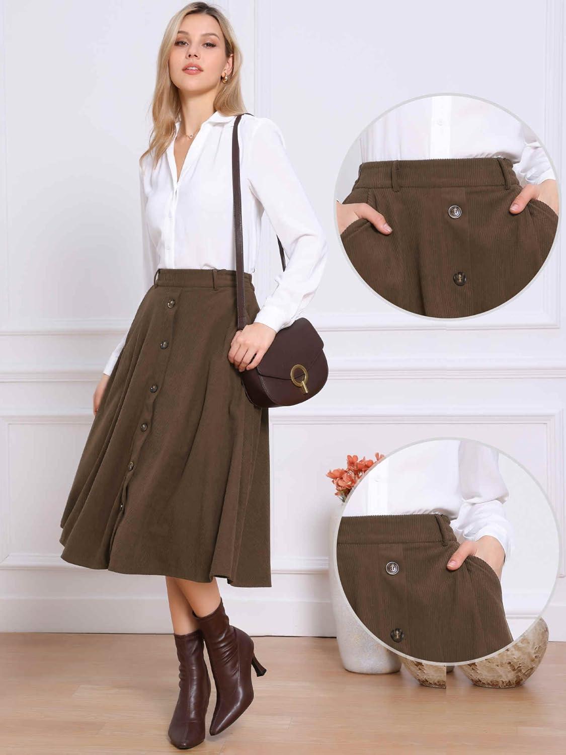 imageAllegra K Corduroy Skirt for Women Button Front High Waist Vintage Stretch ALine Flared Casual Midi Skirts with PocketsBrown