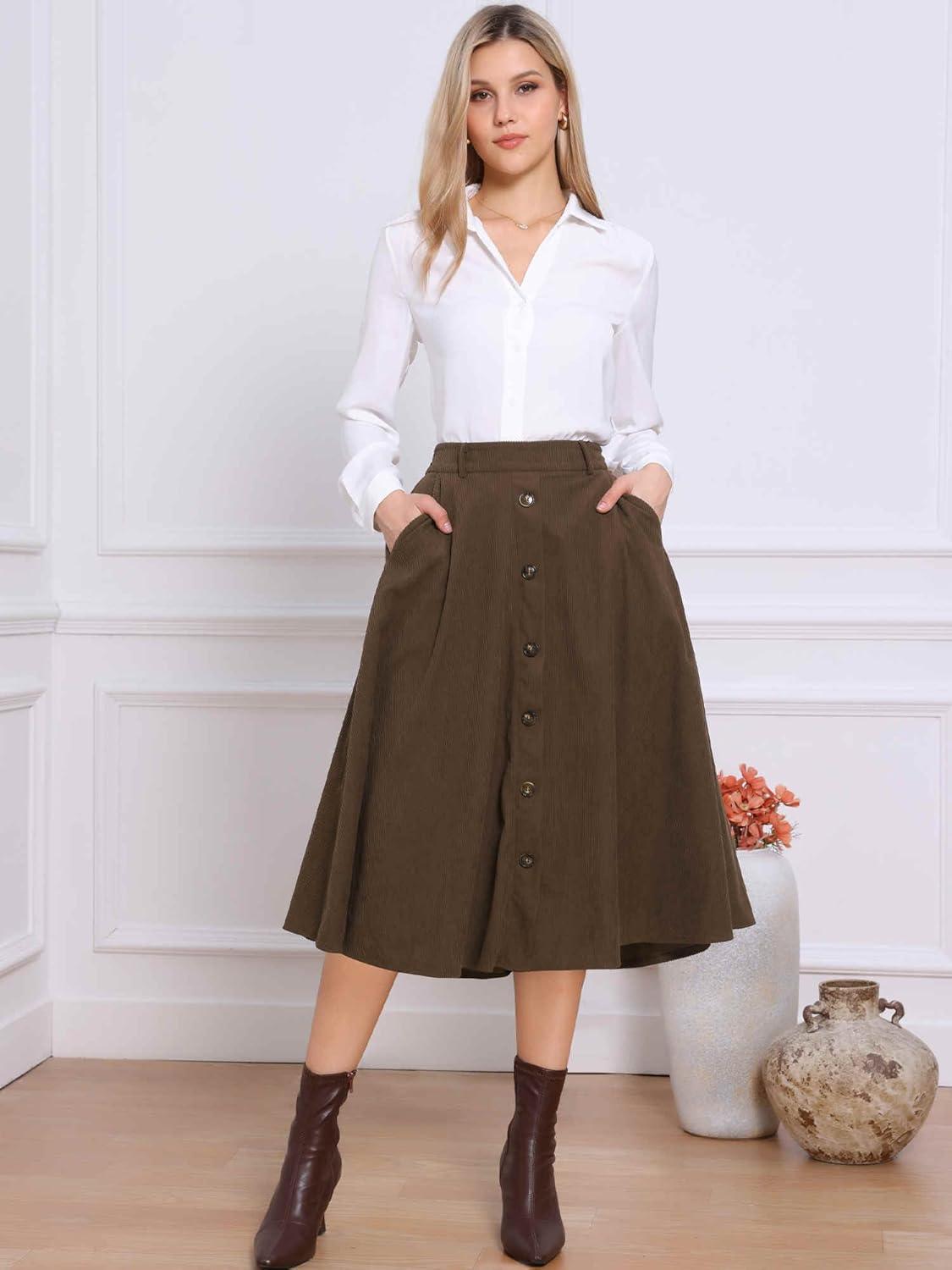 imageAllegra K Corduroy Skirt for Women Button Front High Waist Vintage Stretch ALine Flared Casual Midi Skirts with PocketsBrown