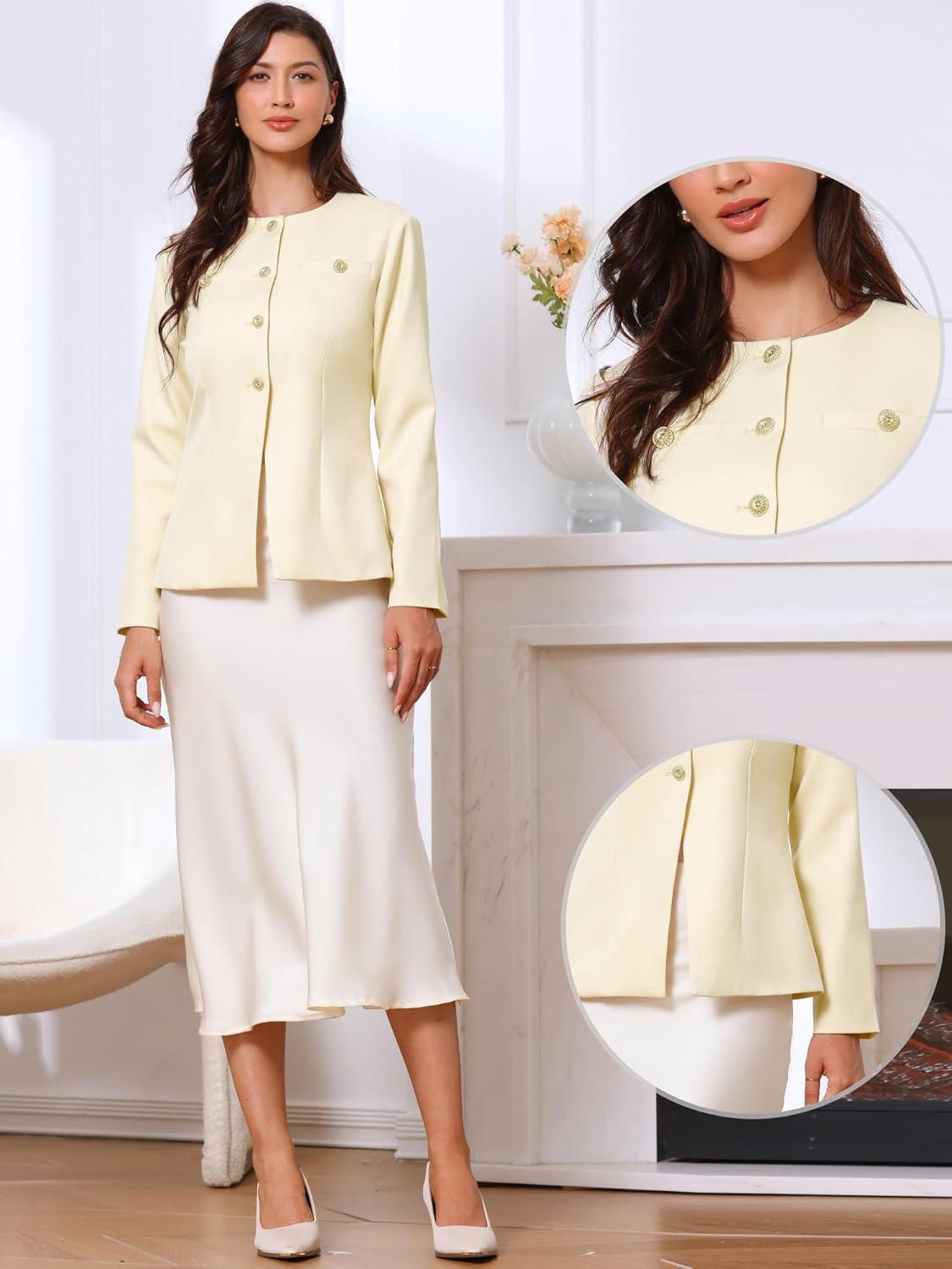 imageAllegra K Elegant Work Blazer for Womens Collarless Long Sleeve Business Jacket Office SuitBeige