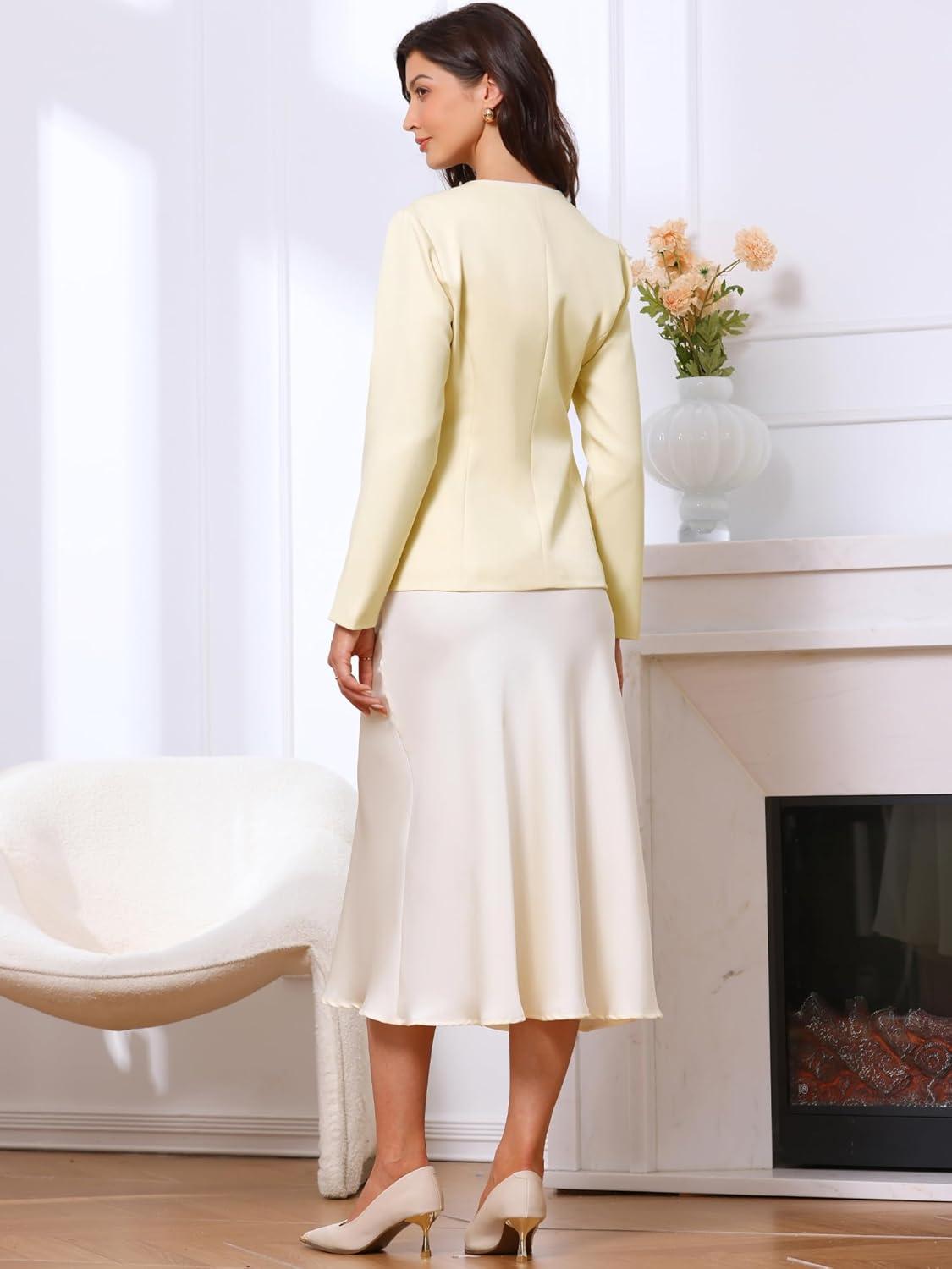 imageAllegra K Elegant Work Blazer for Womens Collarless Long Sleeve Business Jacket Office SuitBeige