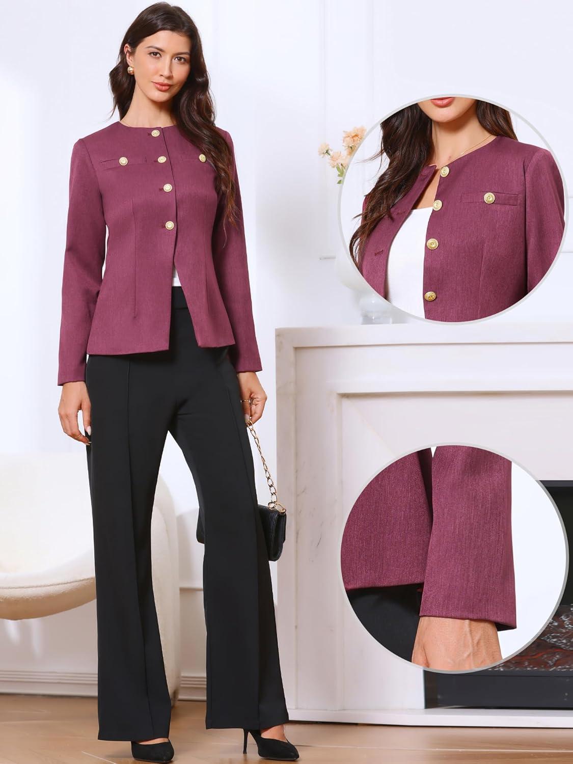 imageAllegra K Elegant Work Blazer for Womens Collarless Long Sleeve Business Jacket Office SuitPurple