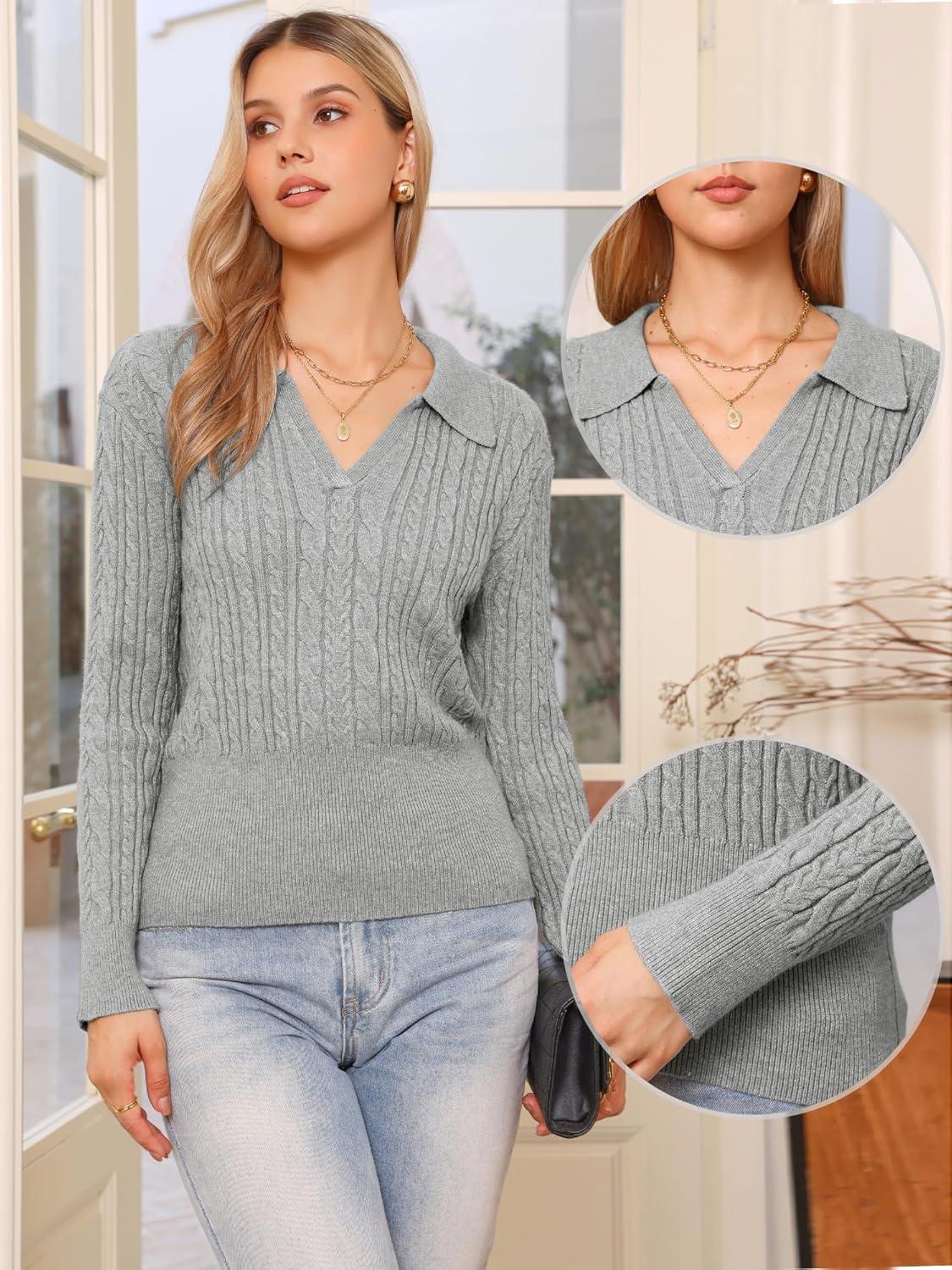 imageAllegra K Fall Sweaters for Womens 2025 Collared V Neck Cable Knit Pullover TopsGrey