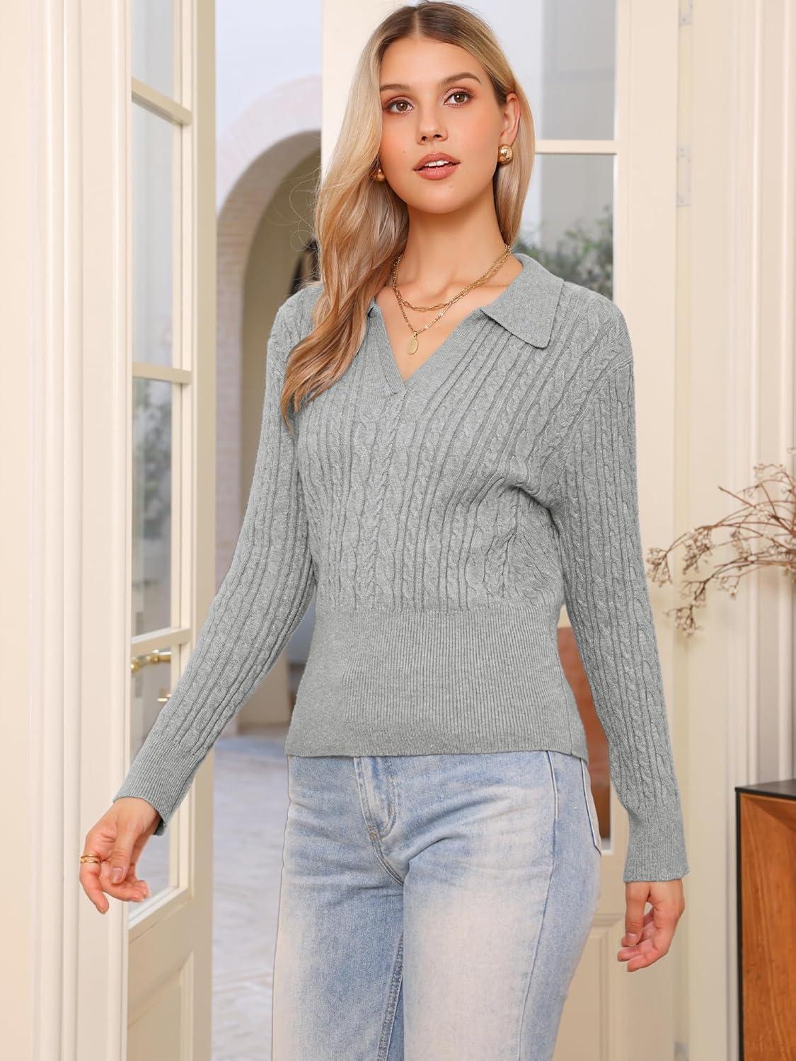 imageAllegra K Fall Sweaters for Womens 2025 Collared V Neck Cable Knit Pullover TopsGrey