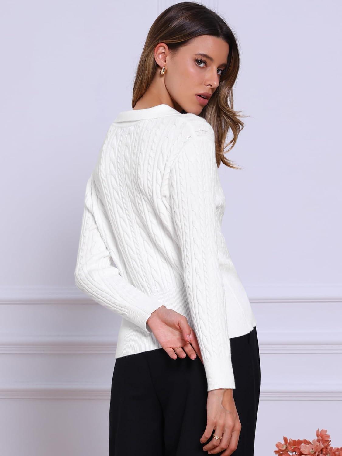 imageAllegra K Fall Sweaters for Womens 2025 Collared V Neck Cable Knit Pullover TopsWhite