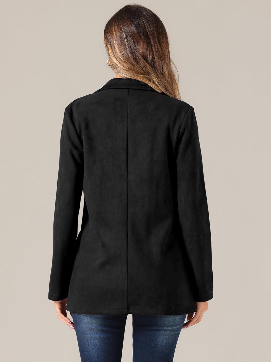 imageAllegra K Faux Suede Blazer for Womens Business Casual Lapel Collar Double Breasted Suit JacketBlack