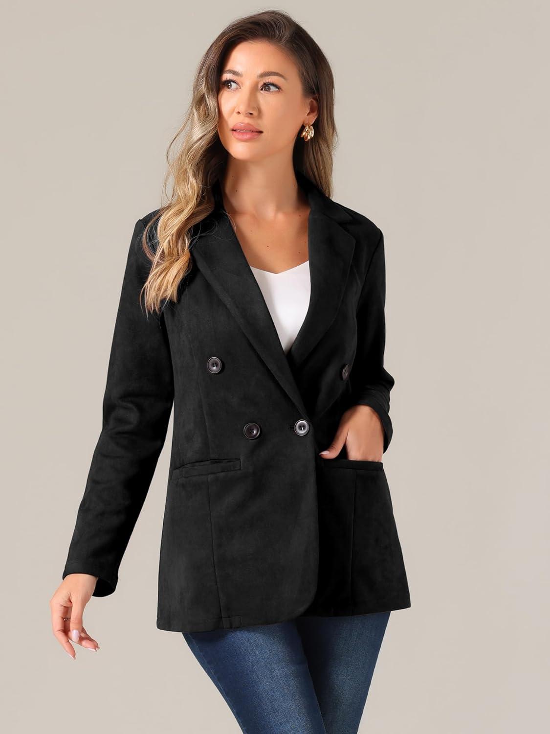 imageAllegra K Faux Suede Blazer for Womens Business Casual Lapel Collar Double Breasted Suit JacketBlack