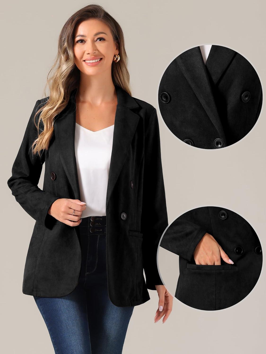 imageAllegra K Faux Suede Blazer for Womens Business Casual Lapel Collar Double Breasted Suit JacketBlack