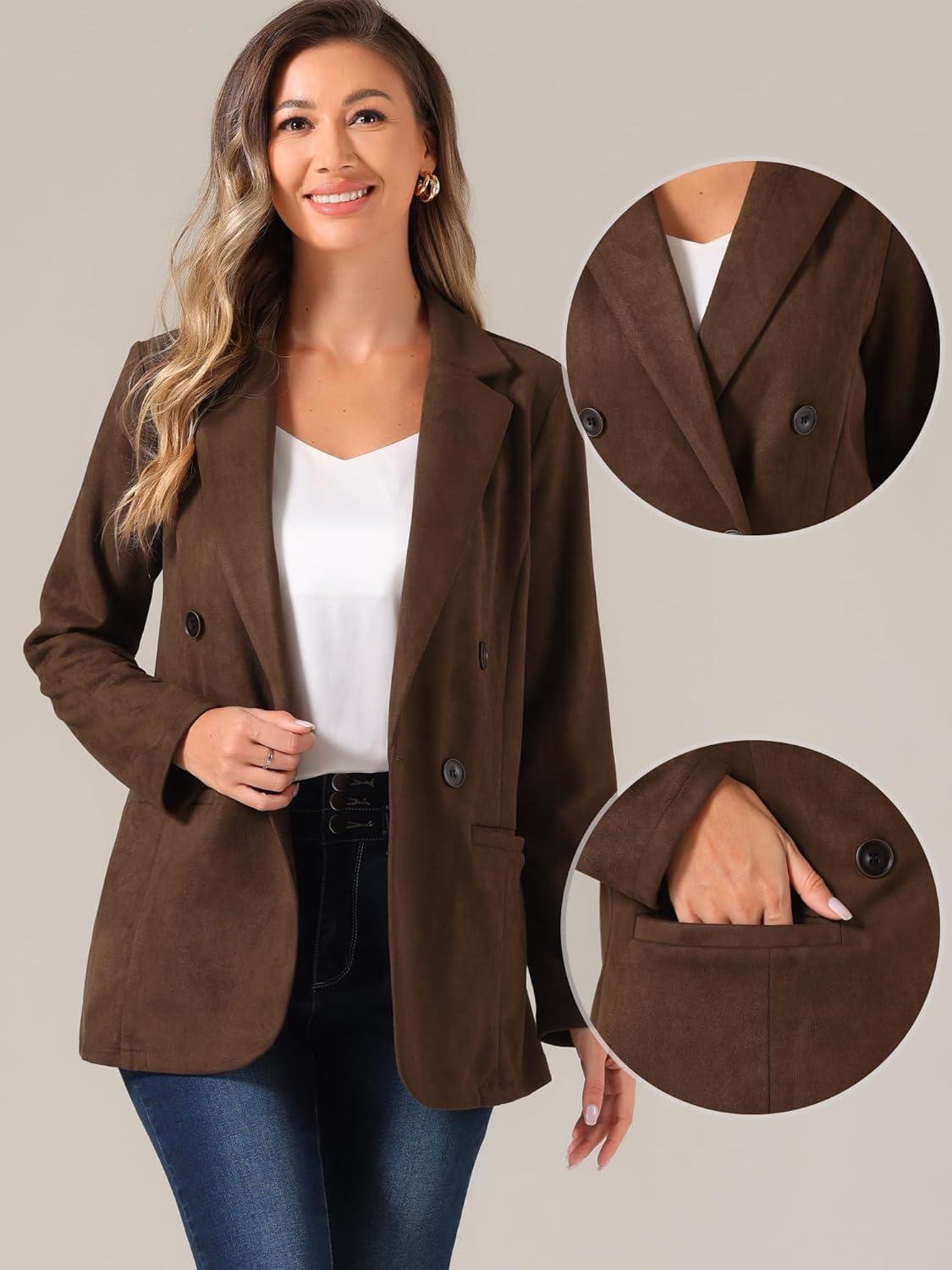 imageAllegra K Faux Suede Blazer for Womens Business Casual Lapel Collar Double Breasted Suit JacketBrown