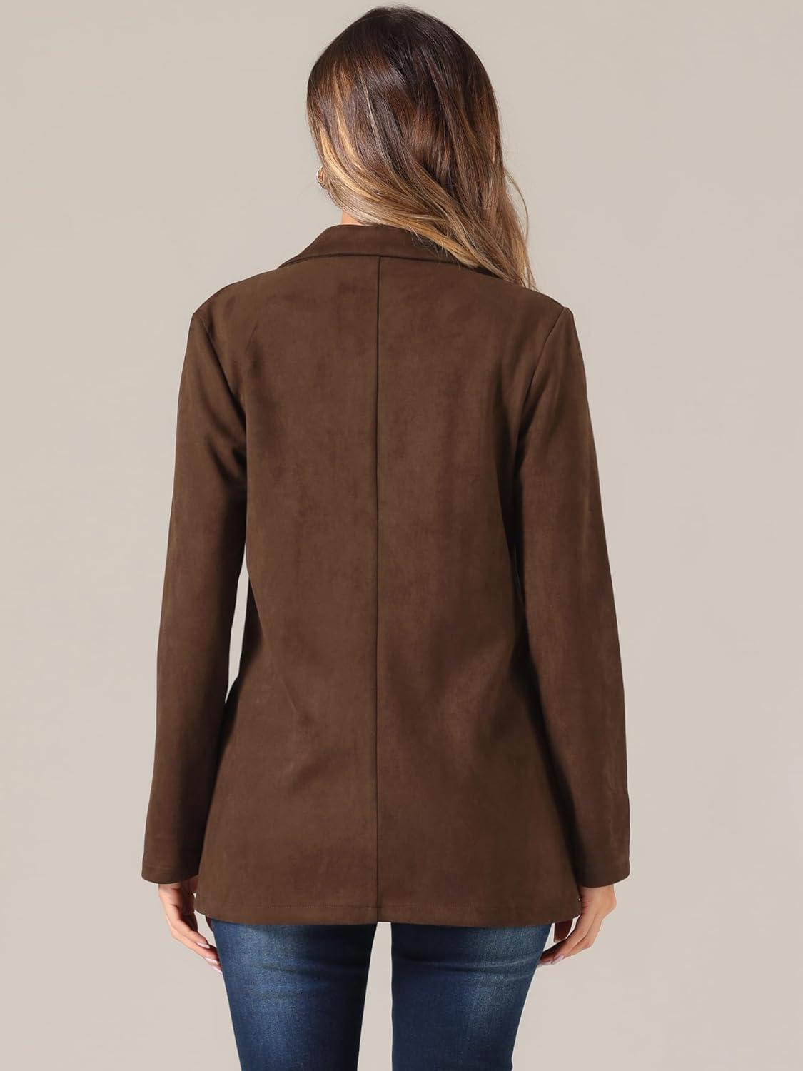 imageAllegra K Faux Suede Blazer for Womens Business Casual Lapel Collar Double Breasted Suit JacketBrown