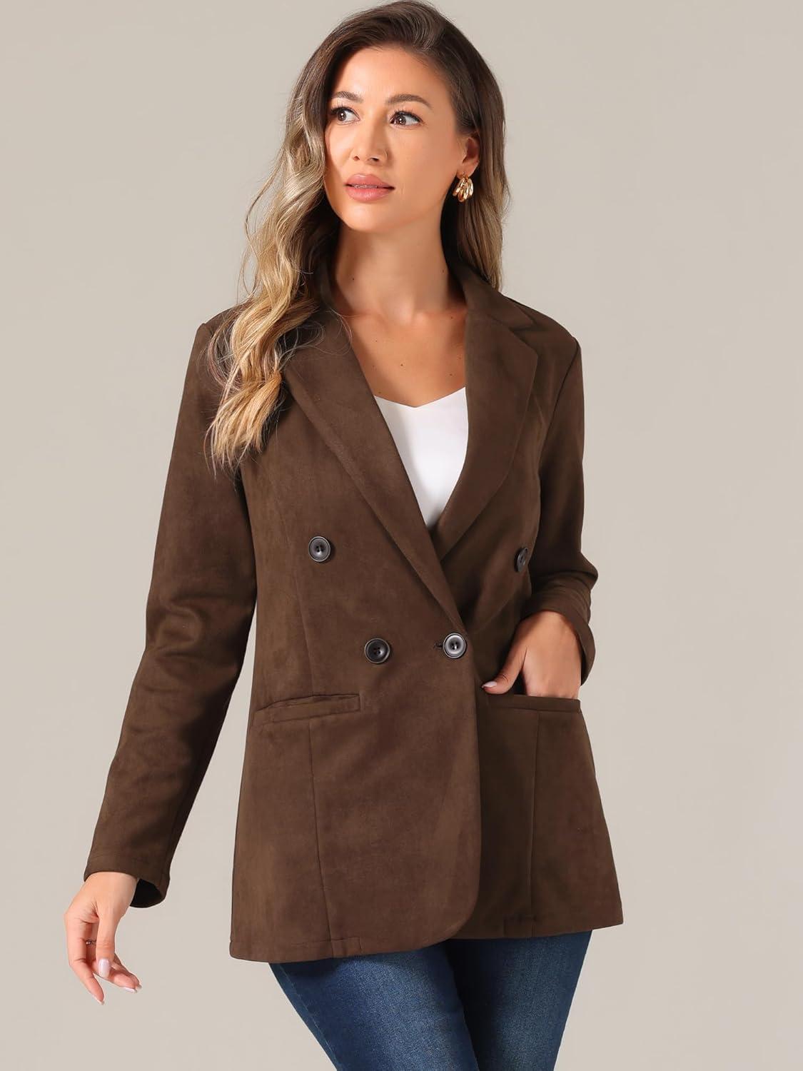 imageAllegra K Faux Suede Blazer for Womens Business Casual Lapel Collar Double Breasted Suit JacketBrown