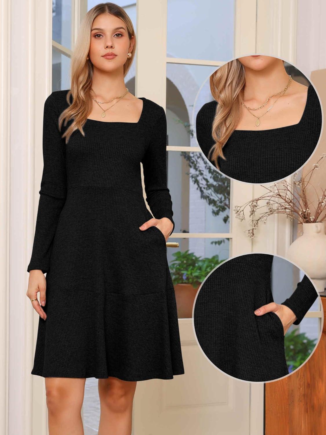 imageAllegra K Knit Sweater Dress for Women Fall Casual Square Neck Long Sleeve A Line Dresses with PocketsBlack