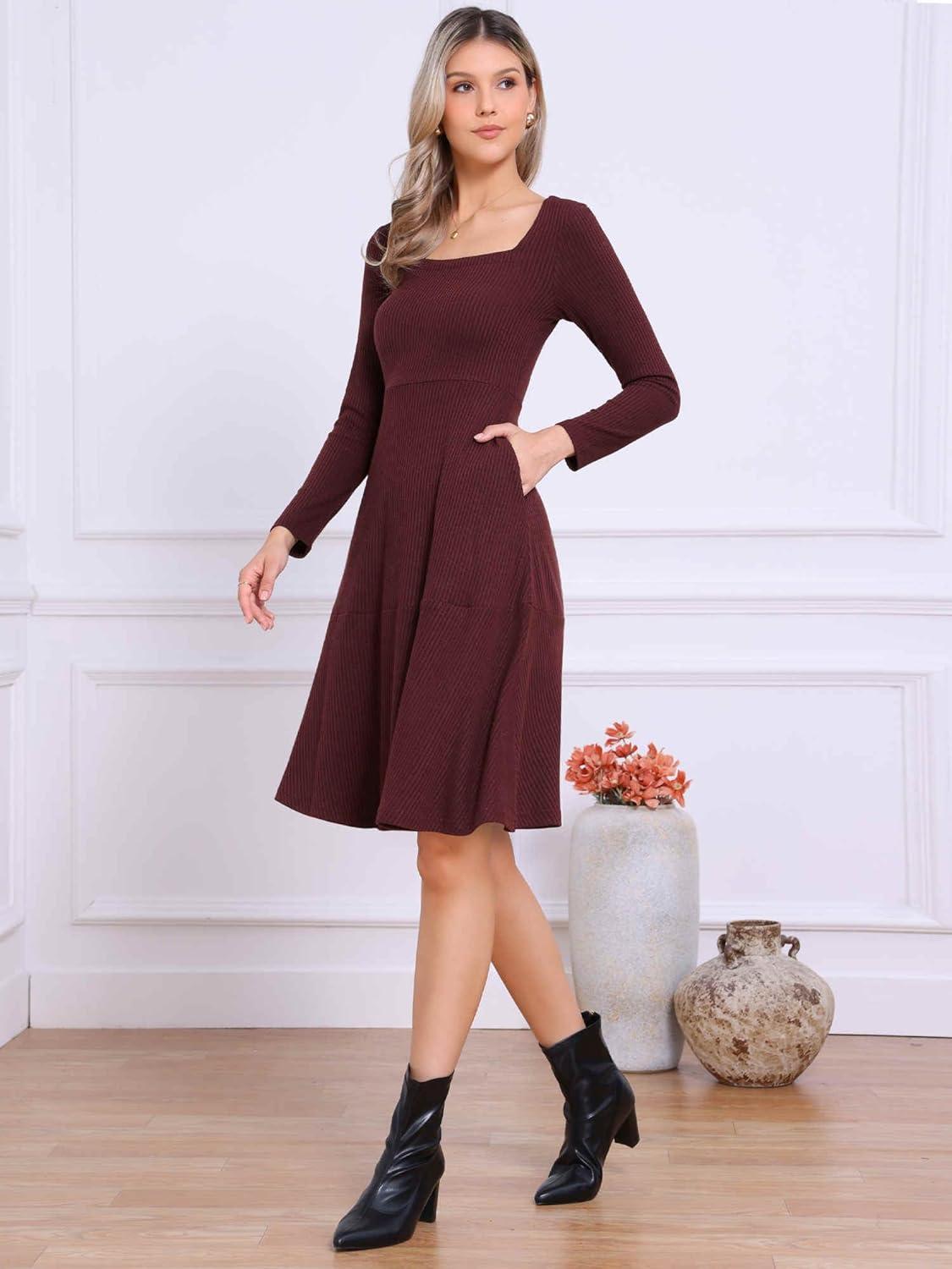 imageAllegra K Knit Sweater Dress for Women Fall Casual Square Neck Long Sleeve A Line Dresses with PocketsDeep Red