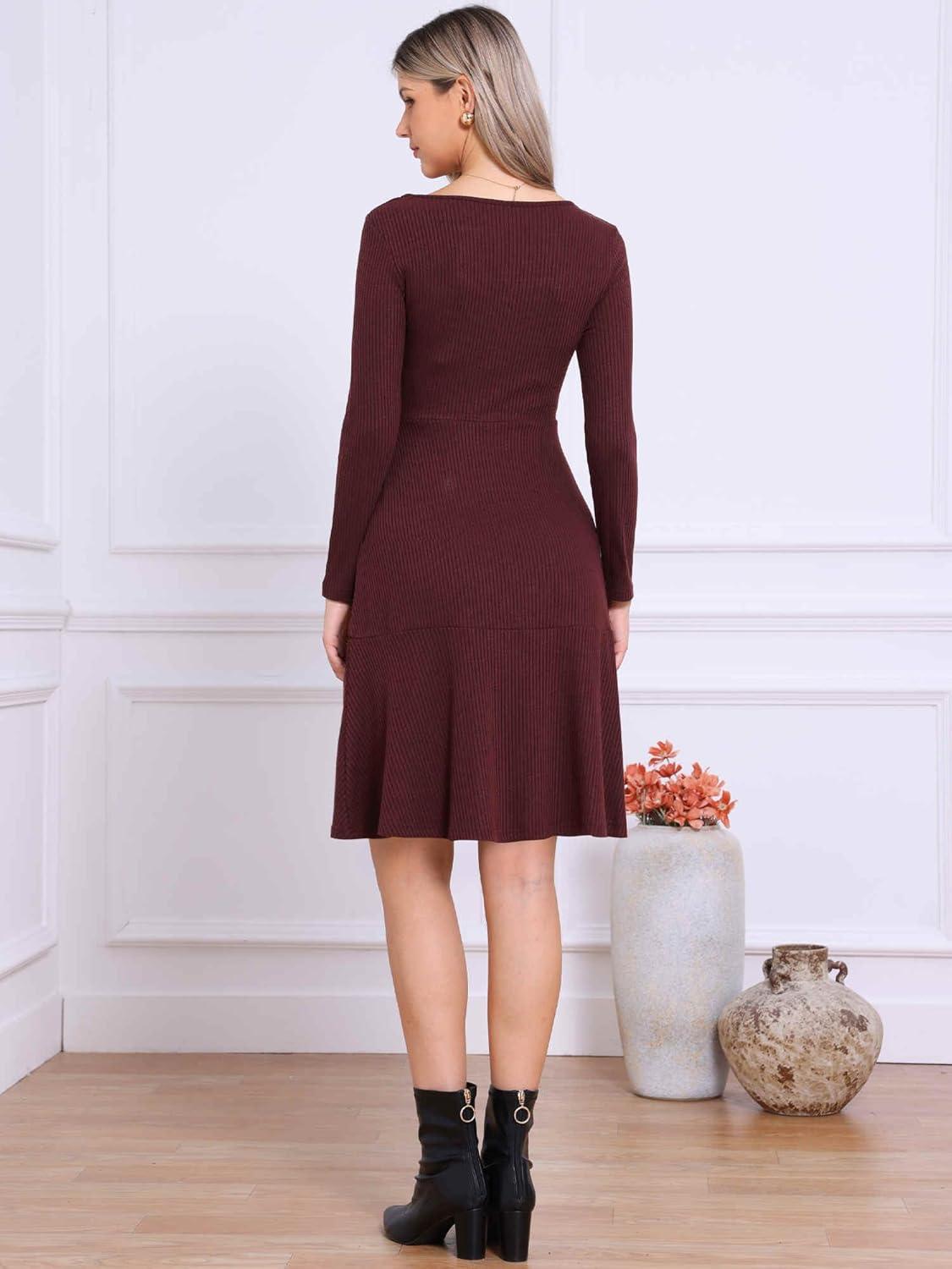 imageAllegra K Knit Sweater Dress for Women Fall Casual Square Neck Long Sleeve A Line Dresses with PocketsDeep Red