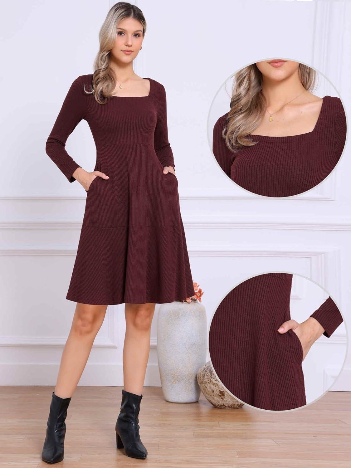 imageAllegra K Knit Sweater Dress for Women Fall Casual Square Neck Long Sleeve A Line Dresses with PocketsDeep Red