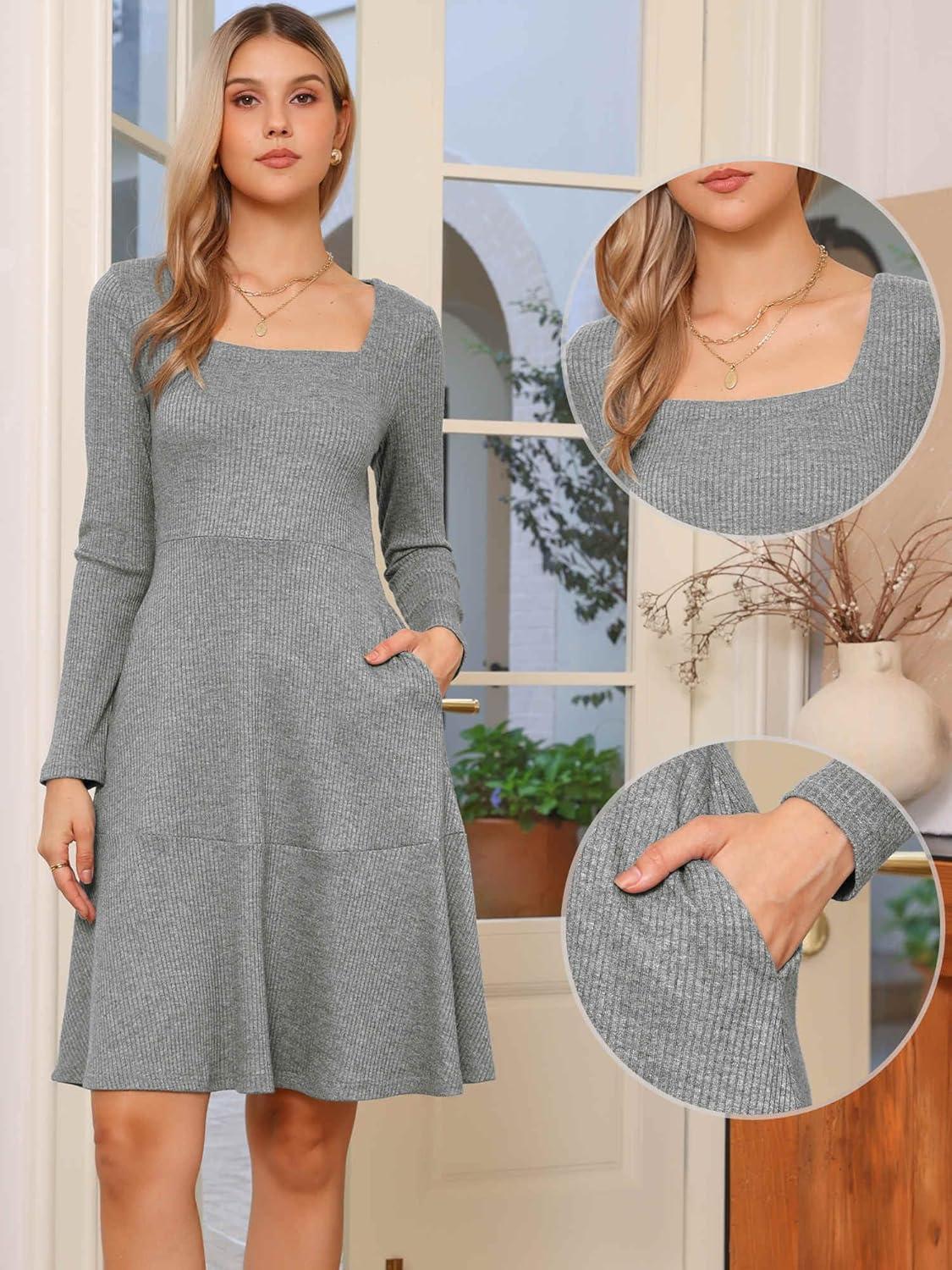 imageAllegra K Knit Sweater Dress for Women Fall Casual Square Neck Long Sleeve A Line Dresses with PocketsGrey