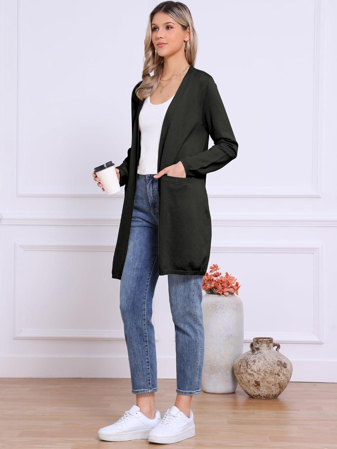 imageAllegra K Long Cardigan Sweaters for Womens Long Sleeve Open Front Lightweight Knit Cardigans TrendyBlack