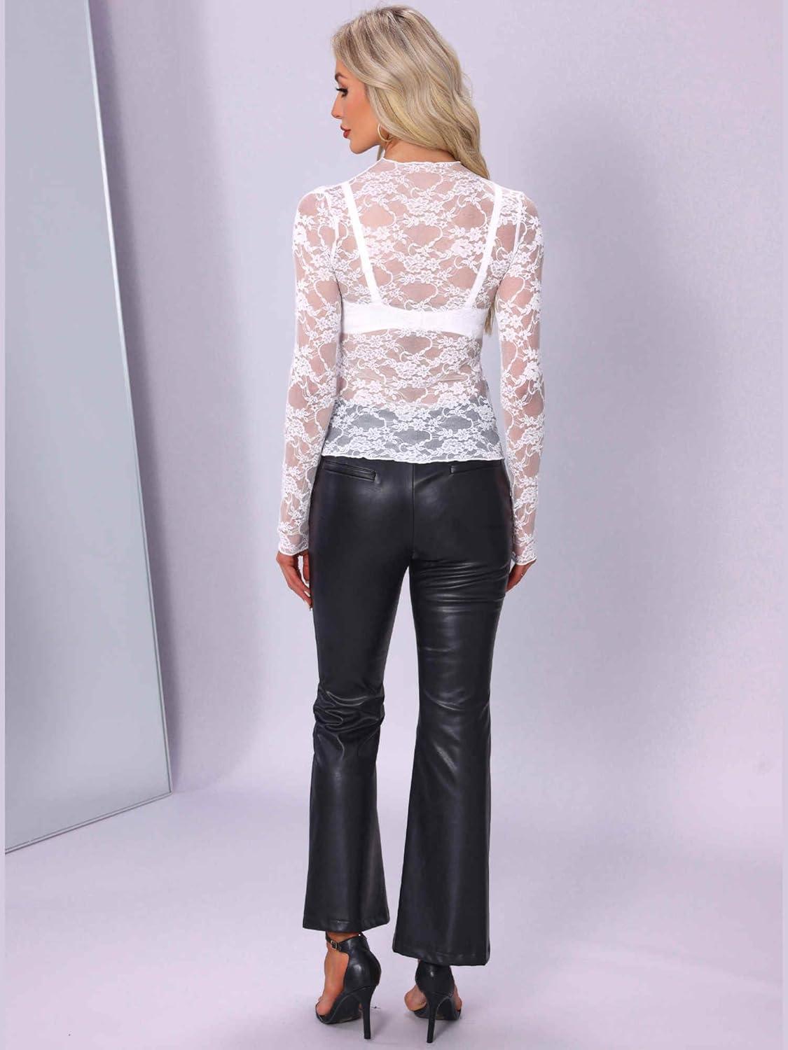 imageAllegra K Mesh Top for Womens Mock Neck Sexy Party Slim Fit Lace Sheer See Through TopsWhite