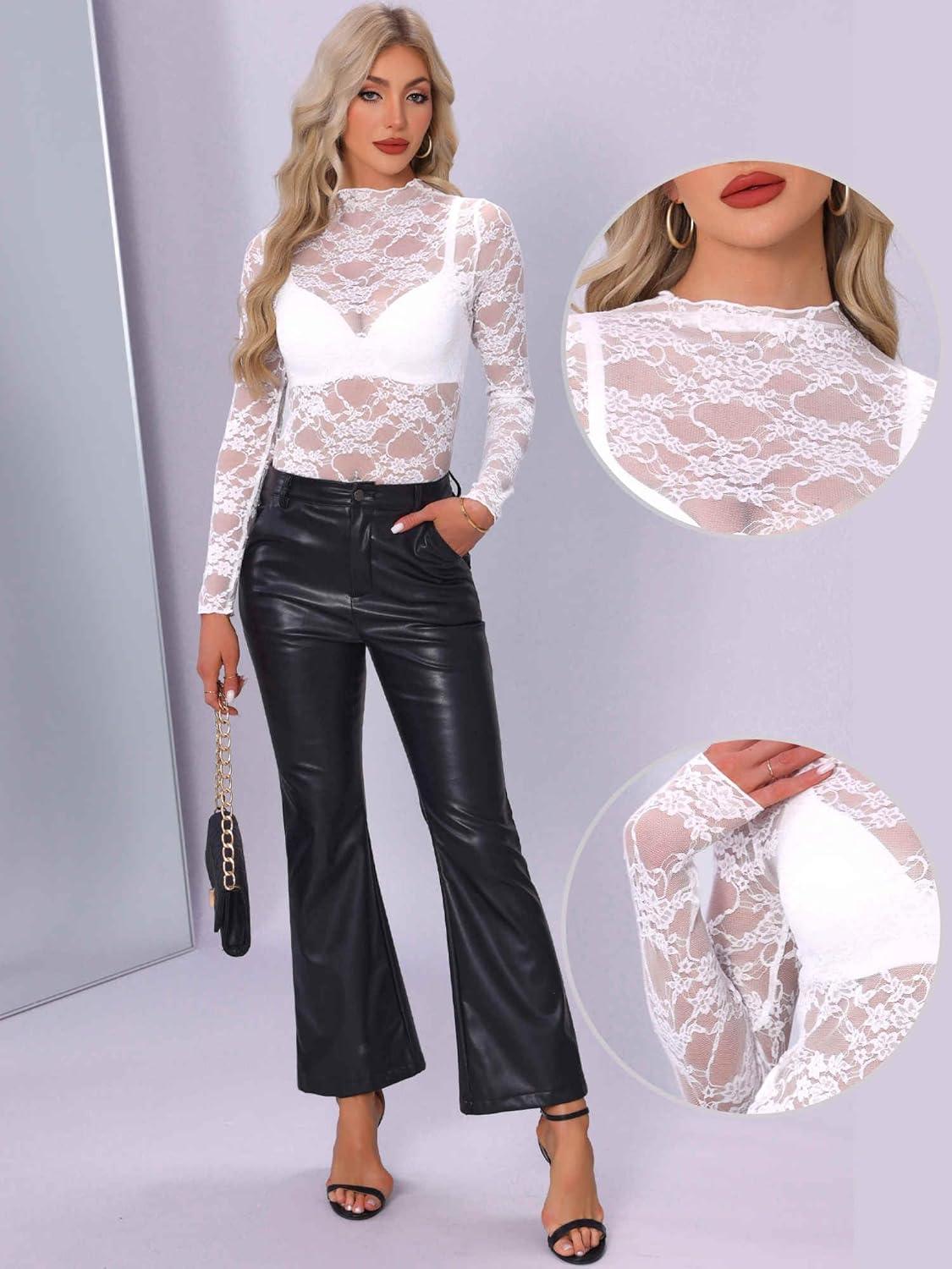 imageAllegra K Mesh Top for Womens Mock Neck Sexy Party Slim Fit Lace Sheer See Through TopsWhite