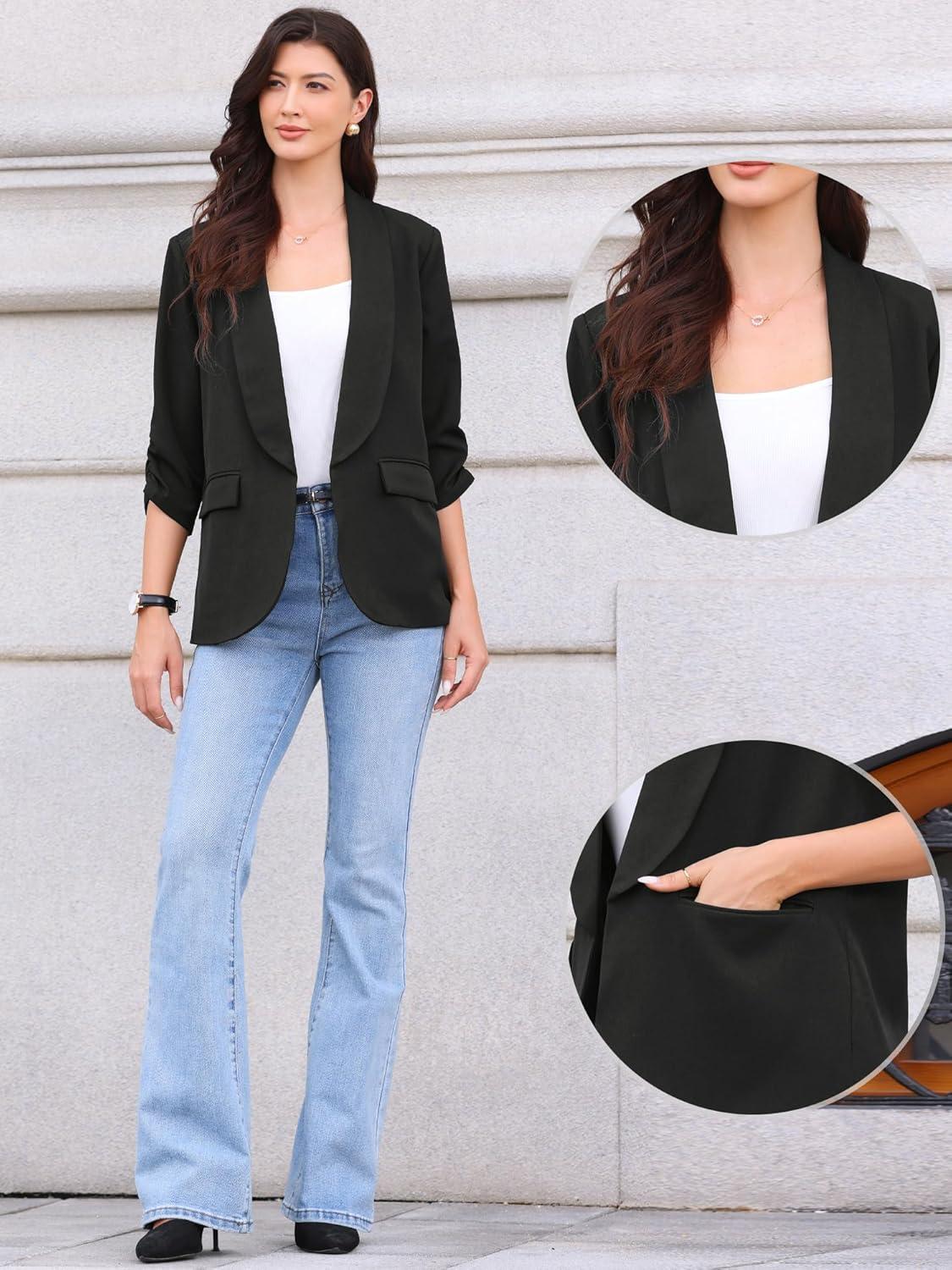 imageAllegra K Open Front Blazer for Womens Ruched 34 Sleeve Shawl Collar Office Dressy Suit JacketBlack