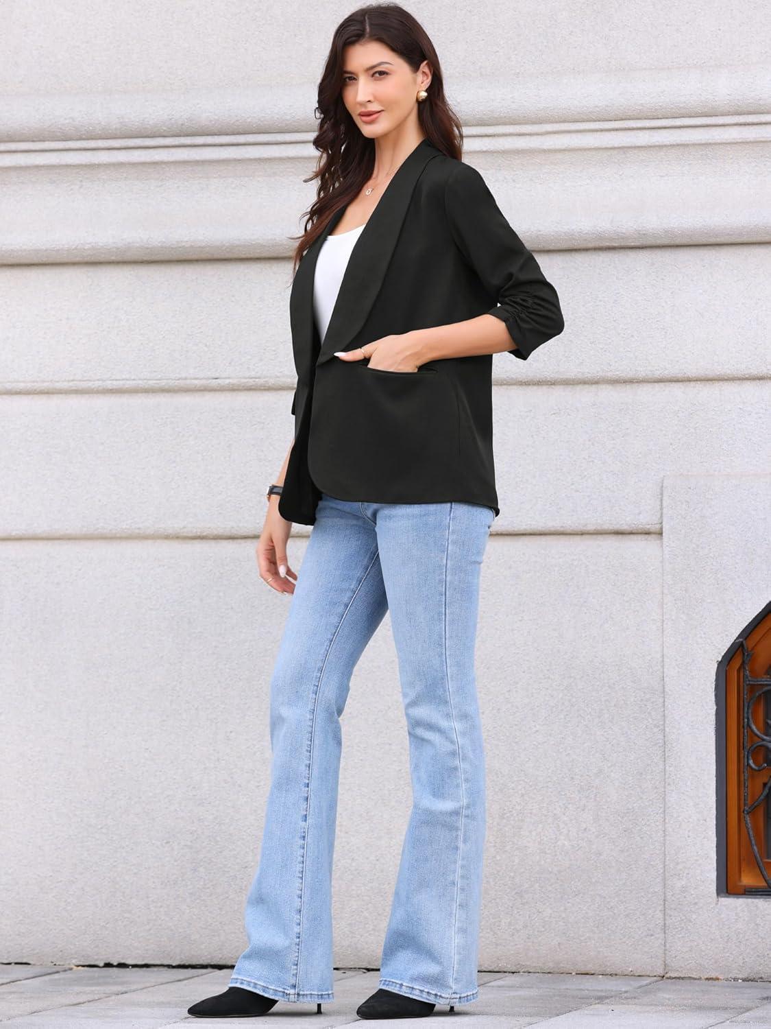 imageAllegra K Open Front Blazer for Womens Ruched 34 Sleeve Shawl Collar Office Dressy Suit JacketBlack