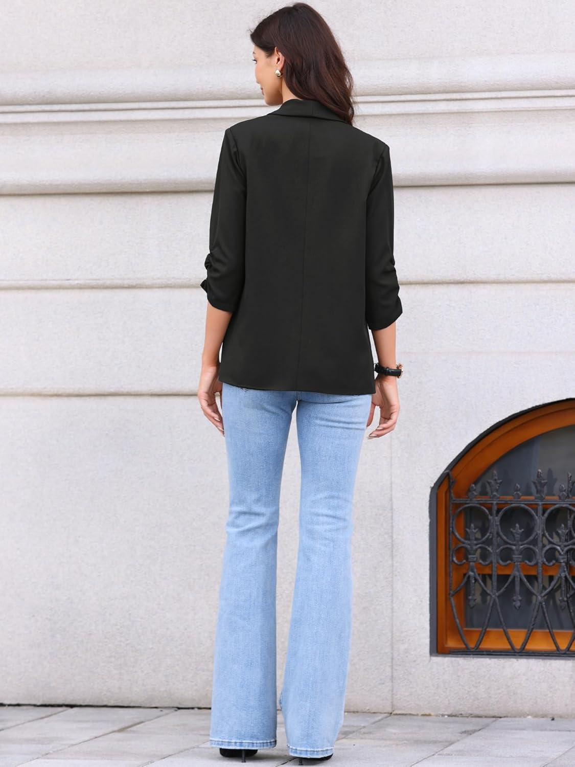 imageAllegra K Open Front Blazer for Womens Ruched 34 Sleeve Shawl Collar Office Dressy Suit JacketBlack