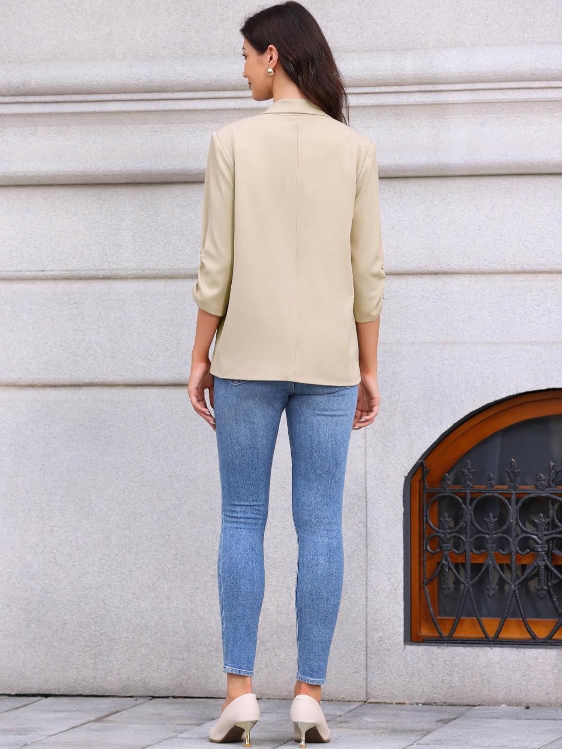 imageAllegra K Open Front Blazer for Womens Ruched 34 Sleeve Shawl Collar Office Dressy Suit JacketKhaki