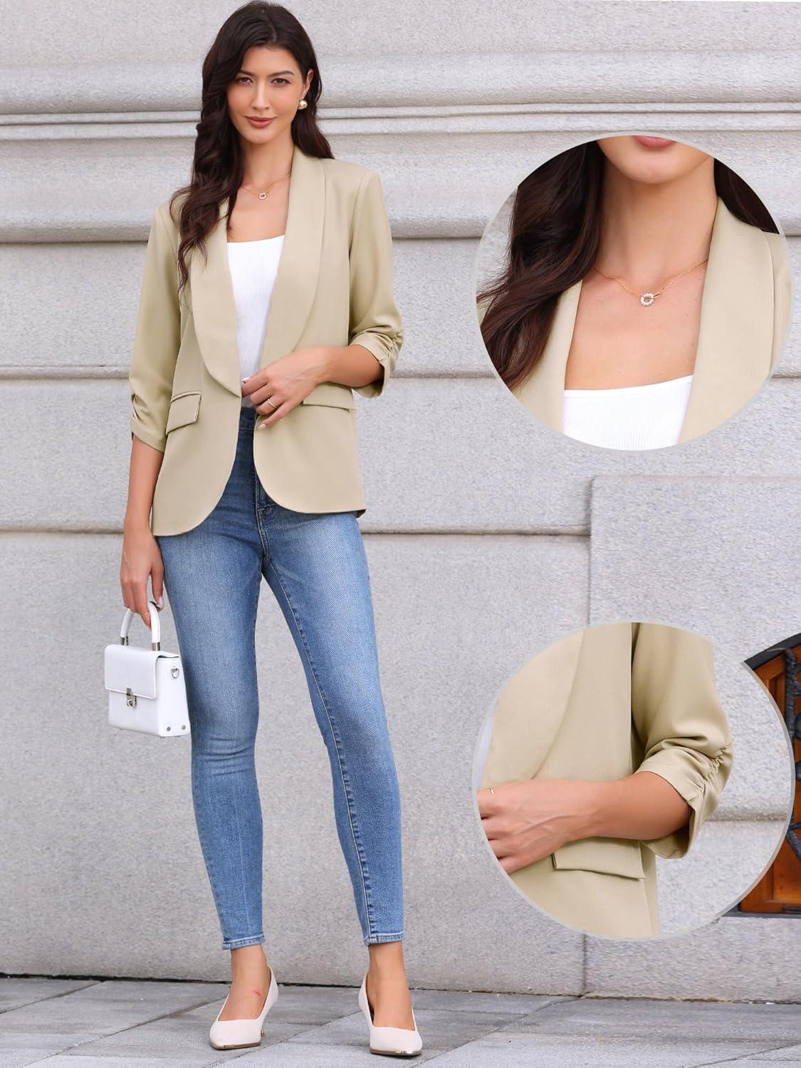 imageAllegra K Open Front Blazer for Womens Ruched 34 Sleeve Shawl Collar Office Dressy Suit JacketKhaki