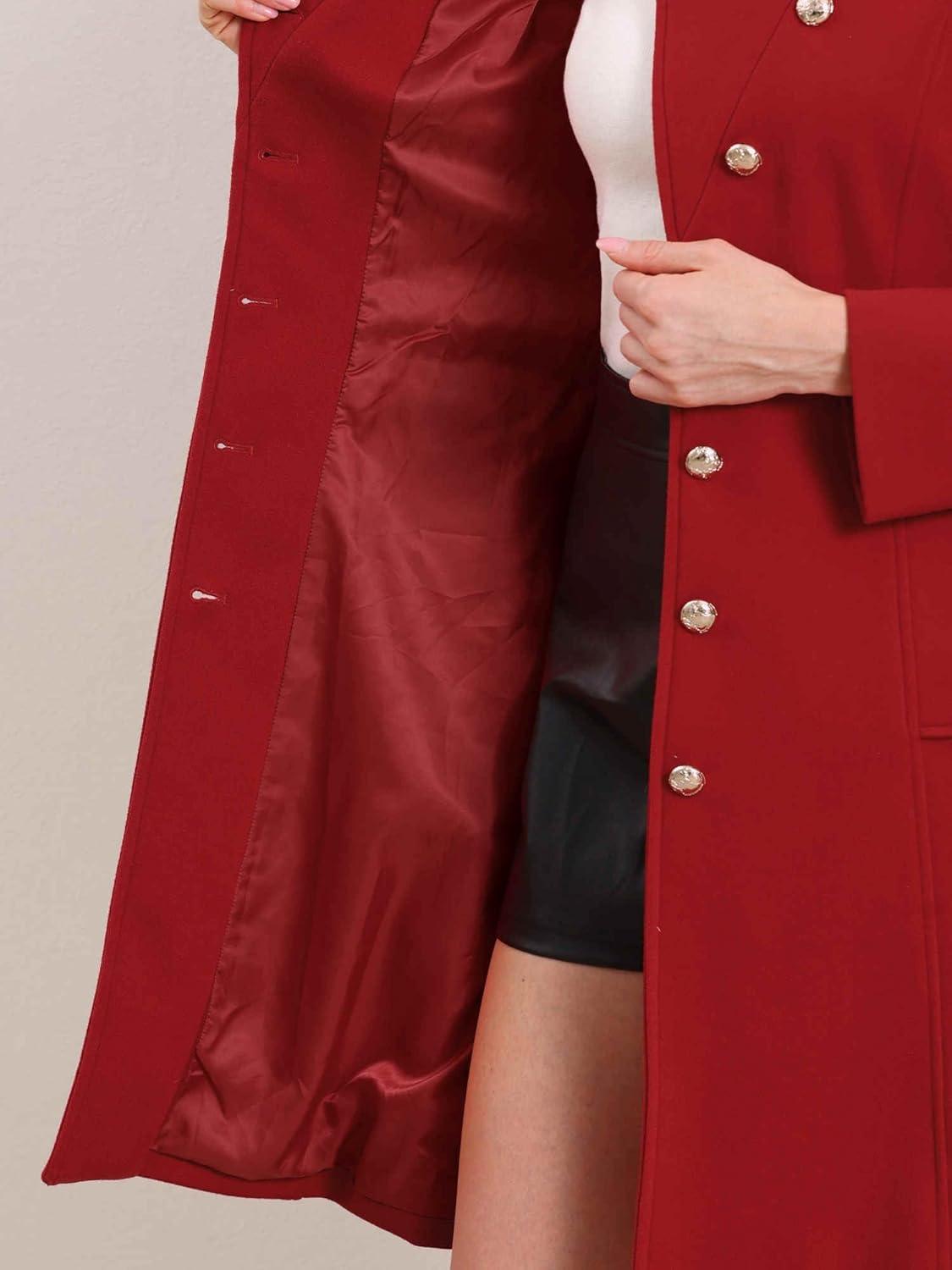 imageAllegra K Pea Coats for Women Fall Winter Stand Collar Single Breasted Long Trench Coat with Belt 2025Red