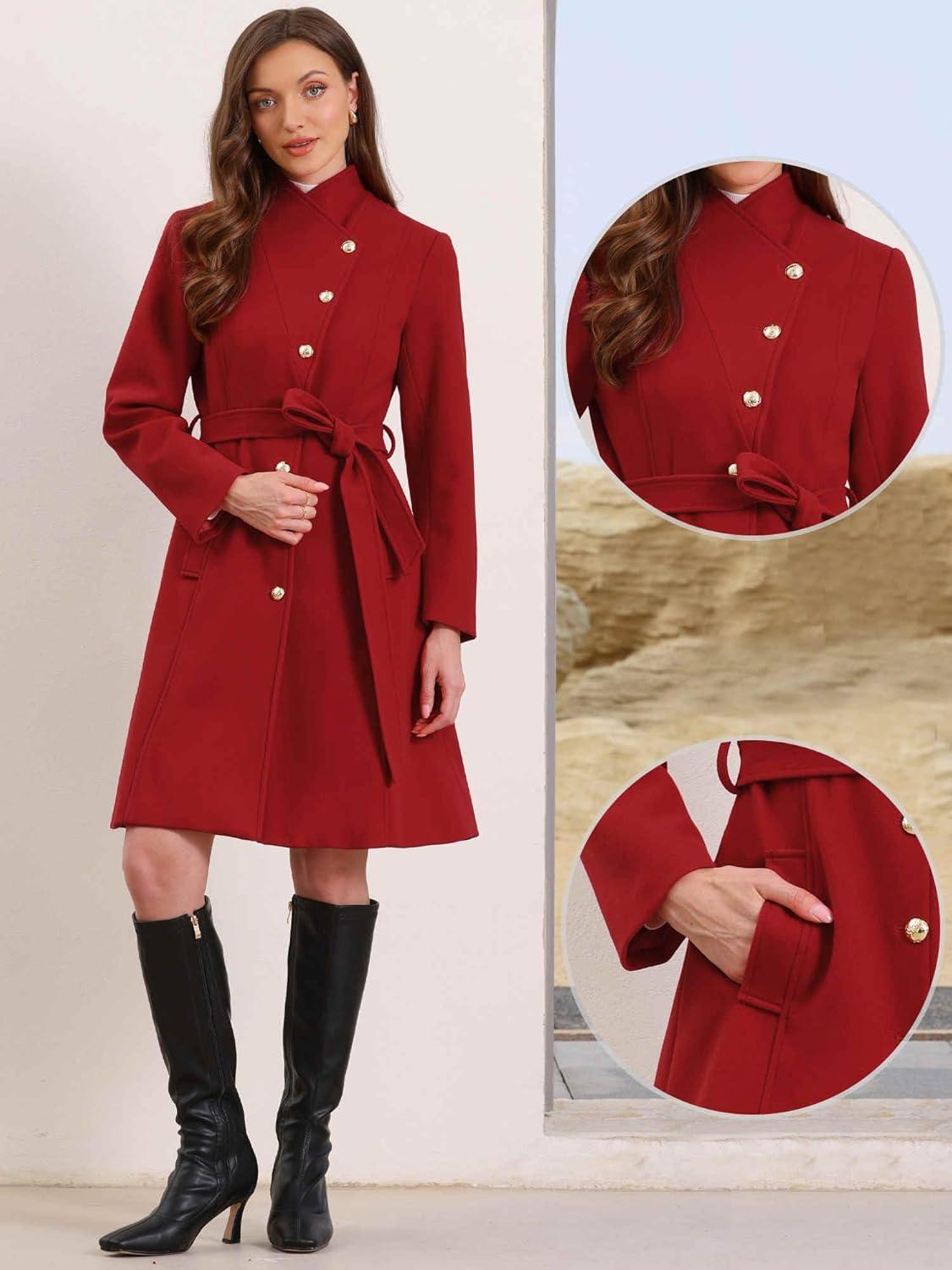 imageAllegra K Pea Coats for Women Fall Winter Stand Collar Single Breasted Long Trench Coat with Belt 2025Red