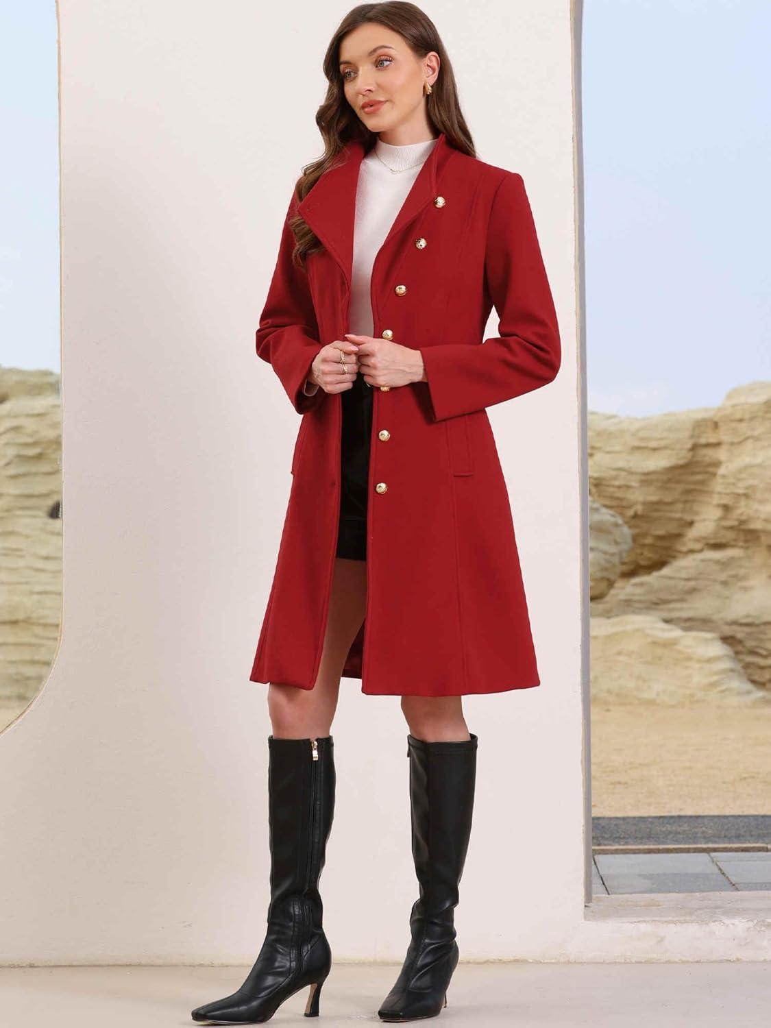 imageAllegra K Pea Coats for Women Fall Winter Stand Collar Single Breasted Long Trench Coat with Belt 2025Red