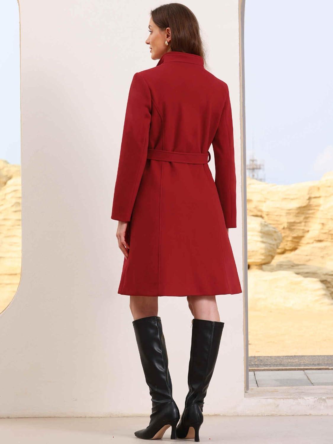 imageAllegra K Pea Coats for Women Fall Winter Stand Collar Single Breasted Long Trench Coat with Belt 2025Red