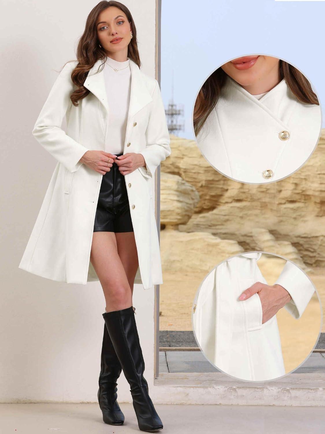 imageAllegra K Pea Coats for Women Fall Winter Stand Collar Single Breasted Long Trench Coat with Belt 2025White