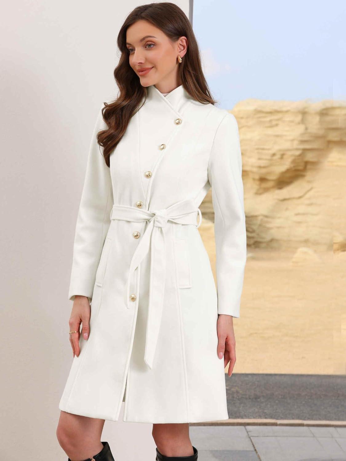 imageAllegra K Pea Coats for Women Fall Winter Stand Collar Single Breasted Long Trench Coat with Belt 2025White