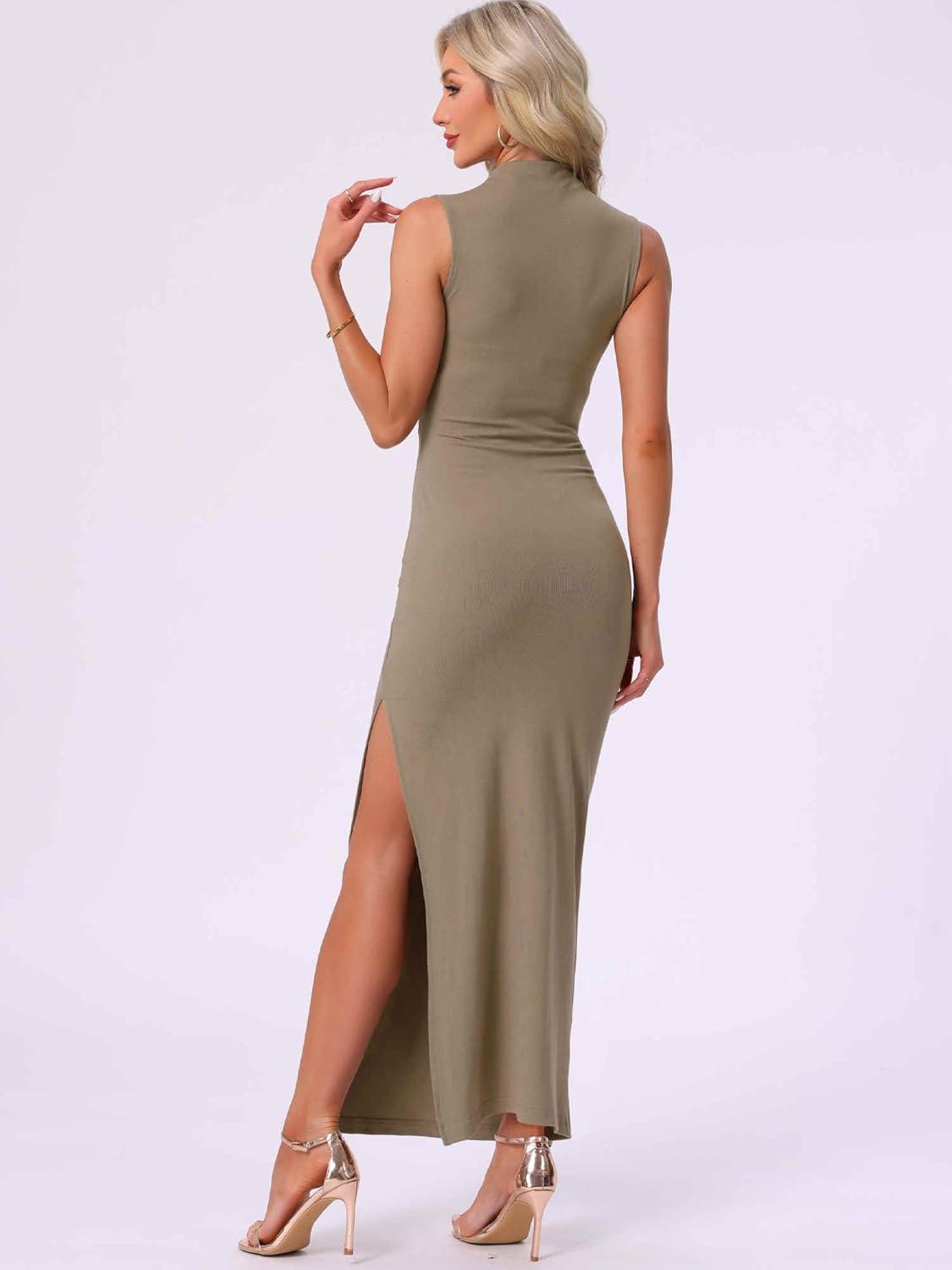 imageAllegra K Semi Formal Dress for Womens Wedding Guest Fall Mock Neck Slit Cocktail Maxi DressesKhaki
