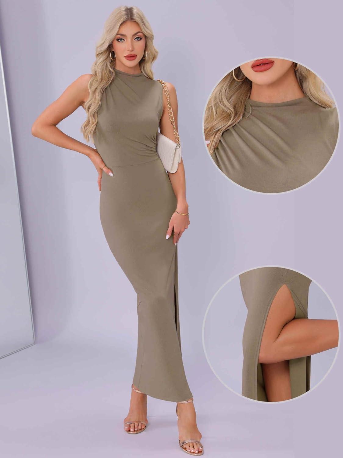 imageAllegra K Semi Formal Dress for Womens Wedding Guest Fall Mock Neck Slit Cocktail Maxi DressesKhaki
