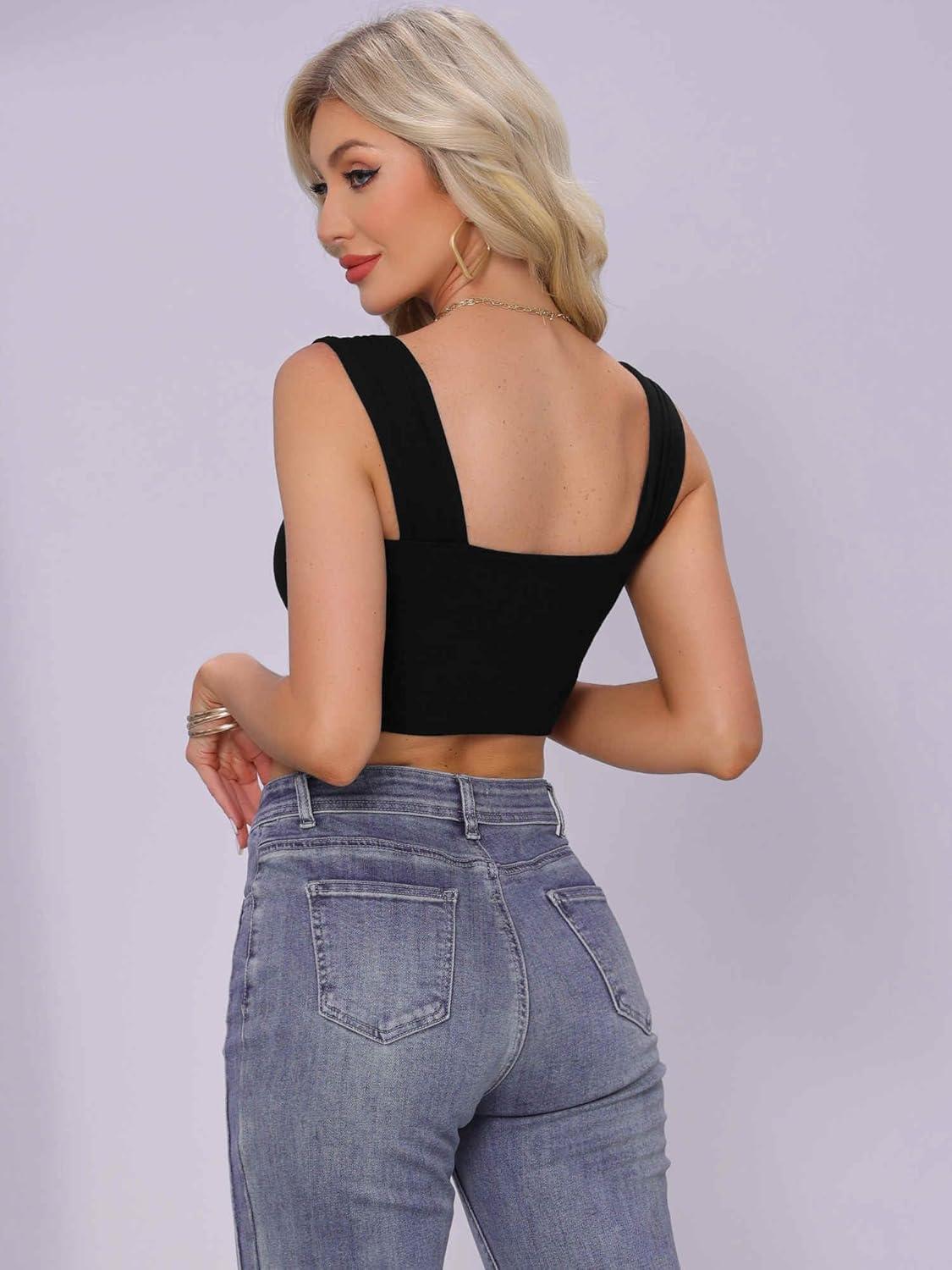 imageAllegra K Square Neck Tank Top for Women Summer Sleeveless Fitted Going Out Crop TopBlack