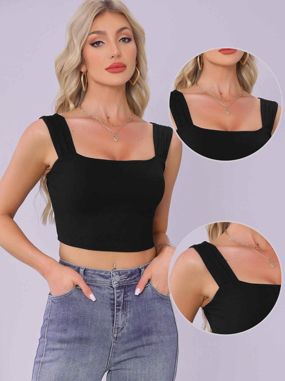 imageAllegra K Square Neck Tank Top for Women Summer Sleeveless Fitted Going Out Crop TopBlack